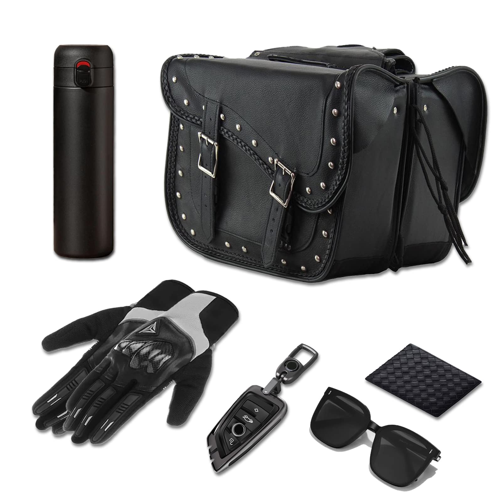 Genuine Leather Motorcycle Saddle Bags with Studs - 13