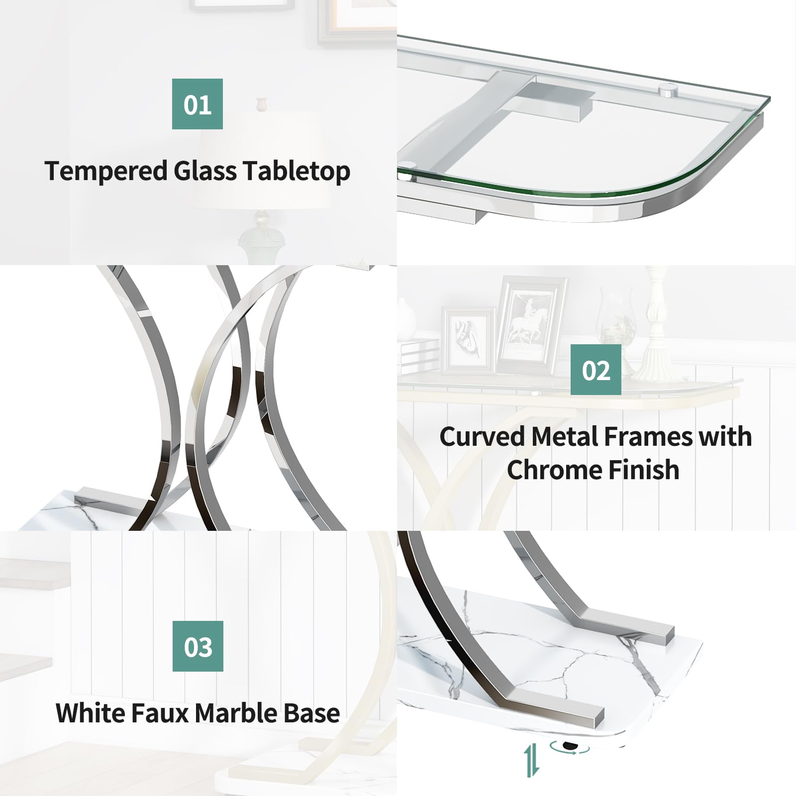 Modern Silver Glass Console Table with Curved Frames & White Marble Base - Elegant Entryway Sofa Table for Living Room, Hallway, Foyer | Perfect for Home Decor, Small Space Furniture & Apartment Entryways