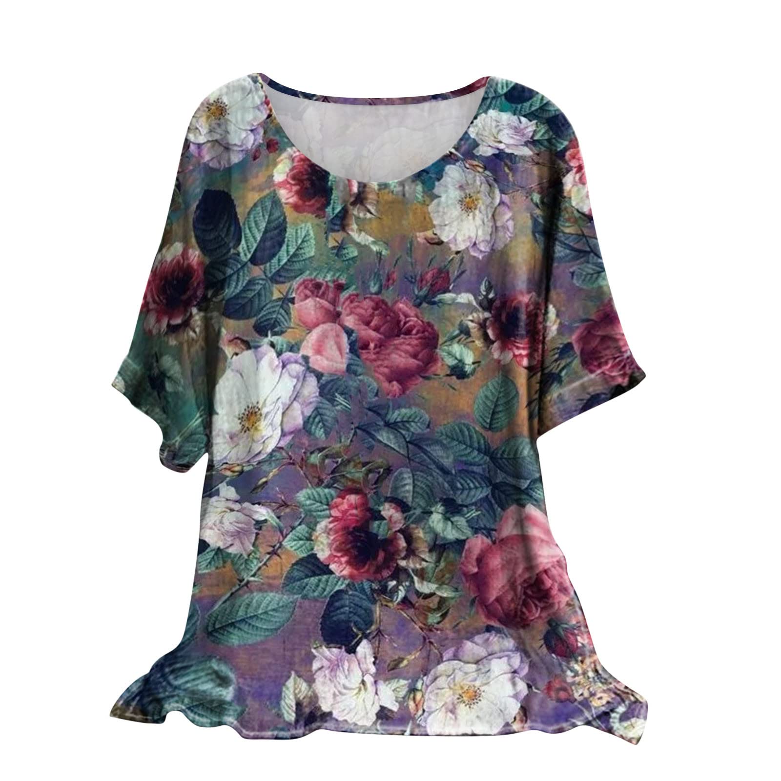 Women's Boho Floral Linen Blouse - Crewneck Short Sleeve Loose Casual Summer Top | Fashion 2023 Trendy Shirt for Beach, Vacation & Everyday Wear