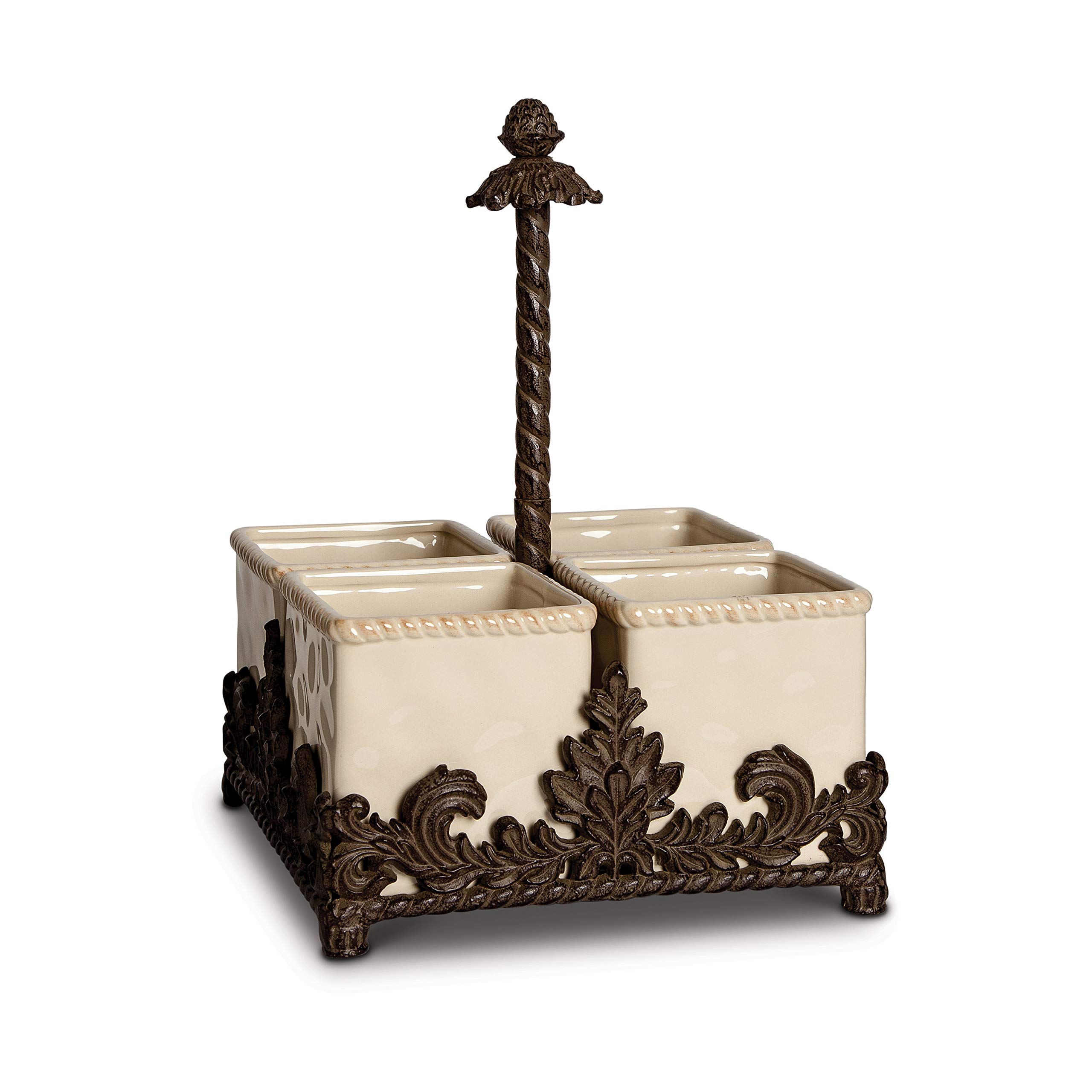 Elegant Cream Ceramic Flatware Caddy with Acanthus Leaf Metal Holder - Perfect for Dining Table Organization & Kitchen Utensil Storage