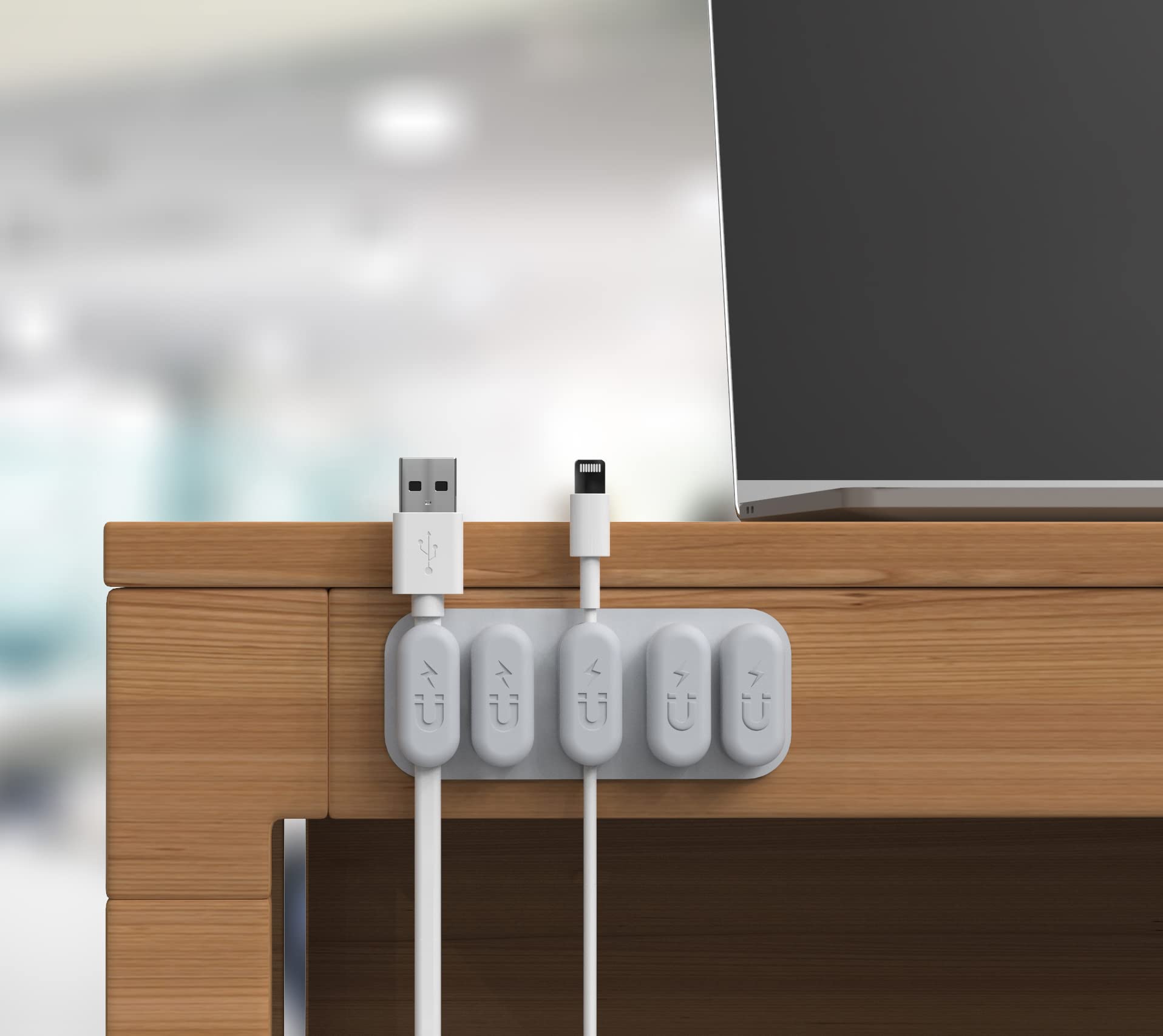 Electraline 71707 Magnetic Cable Clips Set of 5 with Adhesive Metal Strips - Multi-Functional Desk Cable Organizer for Power Cords, USB Charging Cables - Perfect for Home Office, Computer Desk, and Cable Management Solutions