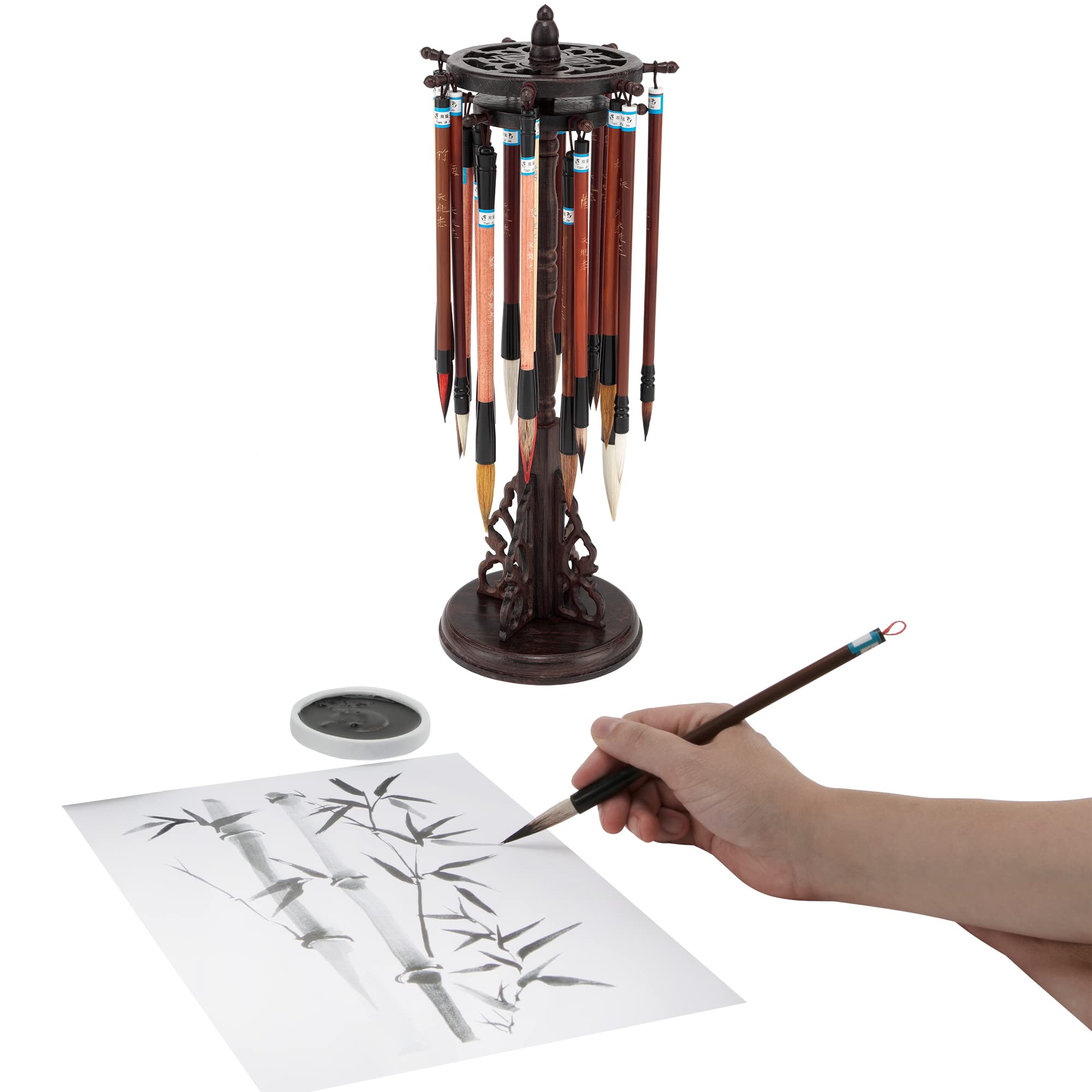 Premium Chinese Calligraphy Brush Set - Golden Panda Master Rosewood & Bamboo Brush Kit with Rotating Stand & Magnetic Closure Box | Perfect for Calligraphy Art, Gift Giving & Home Decoration