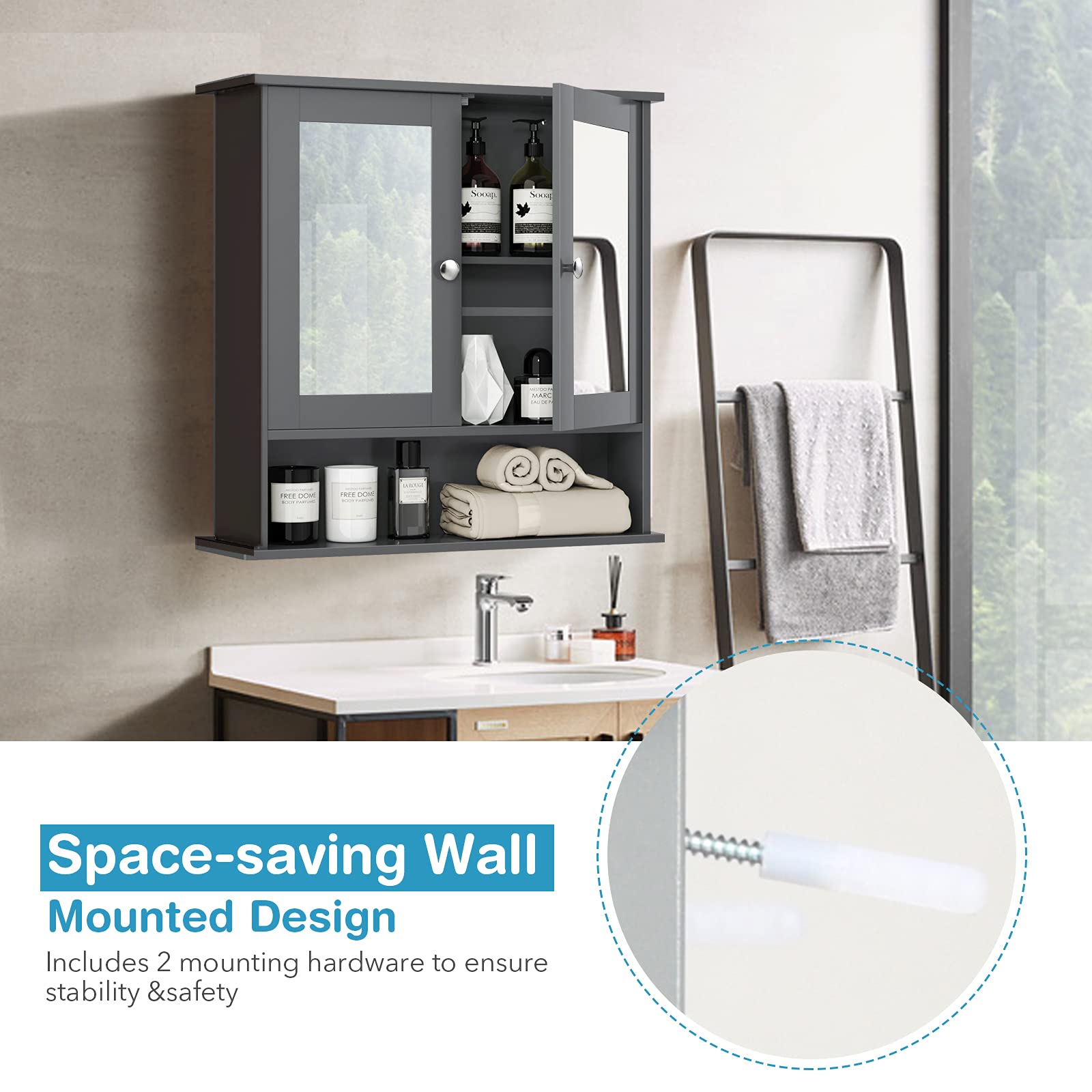 Wall Mounted Medicine Cabinet with Mirror - Double Door Bathroom Storage Organizer with Adjustable Shelf, Grey - Perfect for Bathroom, Hallway & Living Room Organization