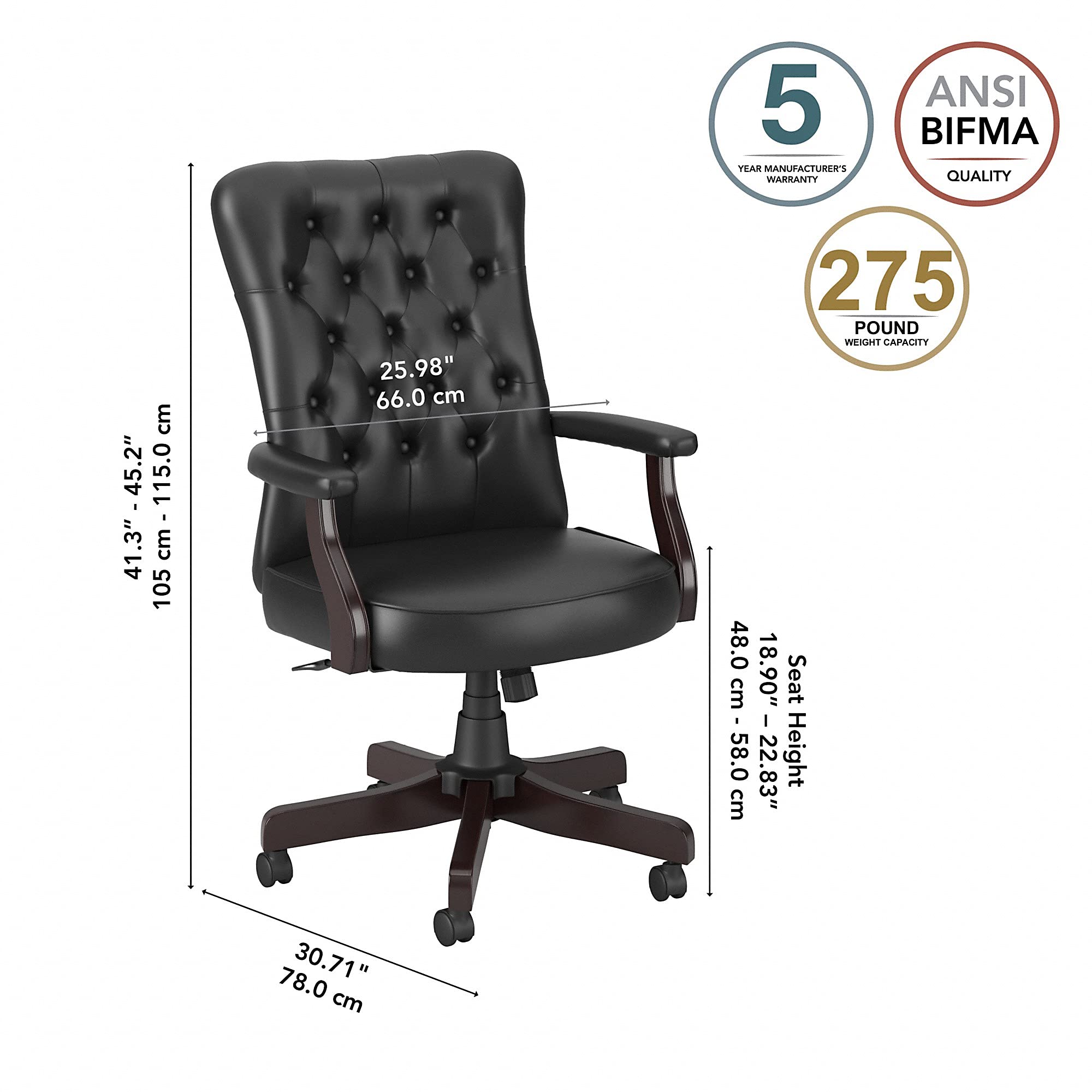 Bush Furniture Key West High Back Tufted Office Chair with Arms - Black Leather Executive Desk Chair for Home Office, Gaming & Conference Room - Ergonomic Support & Comfortable Seating