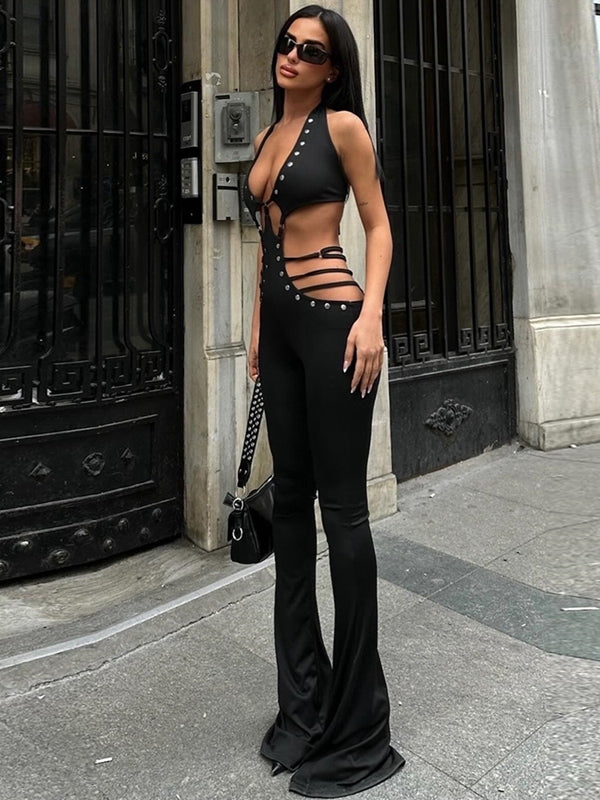 ZASUWA Women's Sexy Cutout Rivet Flare Hip Lift Jumpsuit - Bodycon Outfit for Nightclub, Party & Date Night