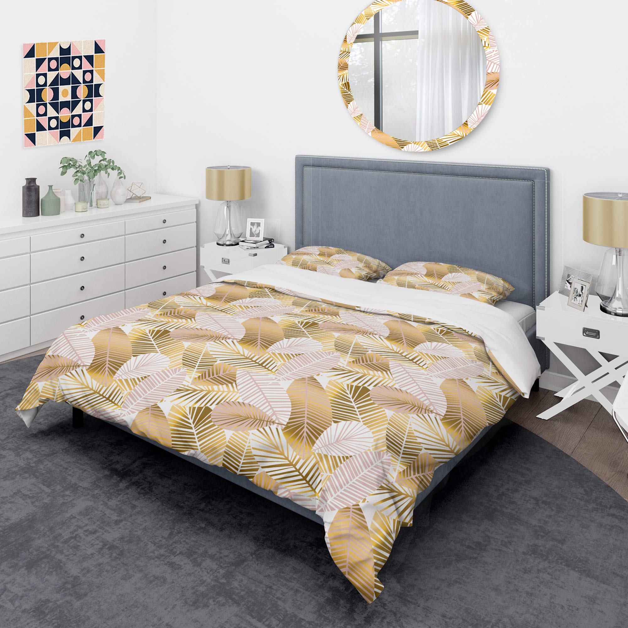 DesignQ Golden Palm Leaves Mid-Century Modern Duvet Cover Set - Twin Size 3-Piece All Season Bedding in Gold | Bohemian Chic Home Decor for Guest Rooms & Vacation Rentals