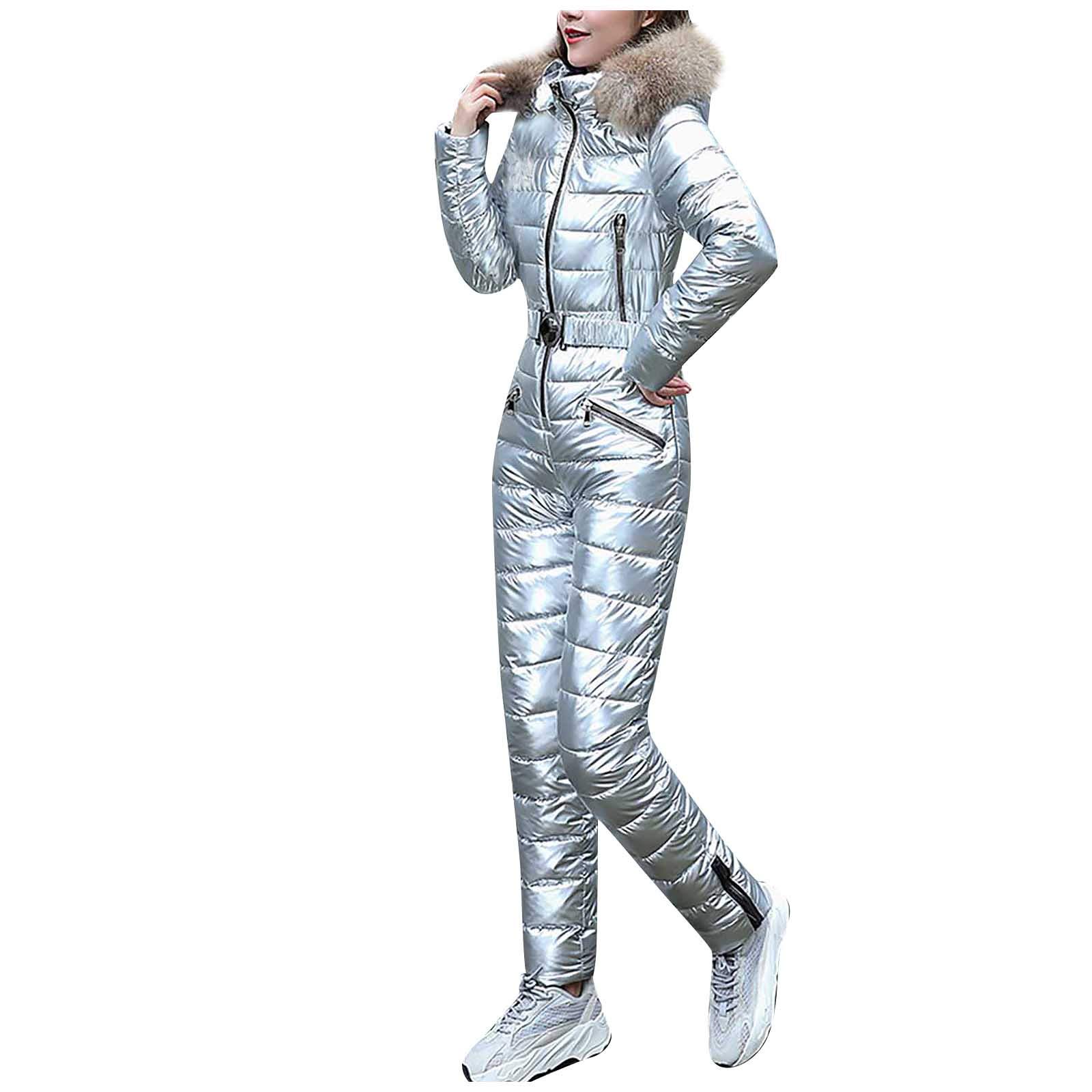 2022 Women's Winter Plush Hooded Jumpsuit with Collar, Pockets & Zipper - Warm Cotton Ski Suit for Snowboarding, Skiing & Outdoor Winter Activities