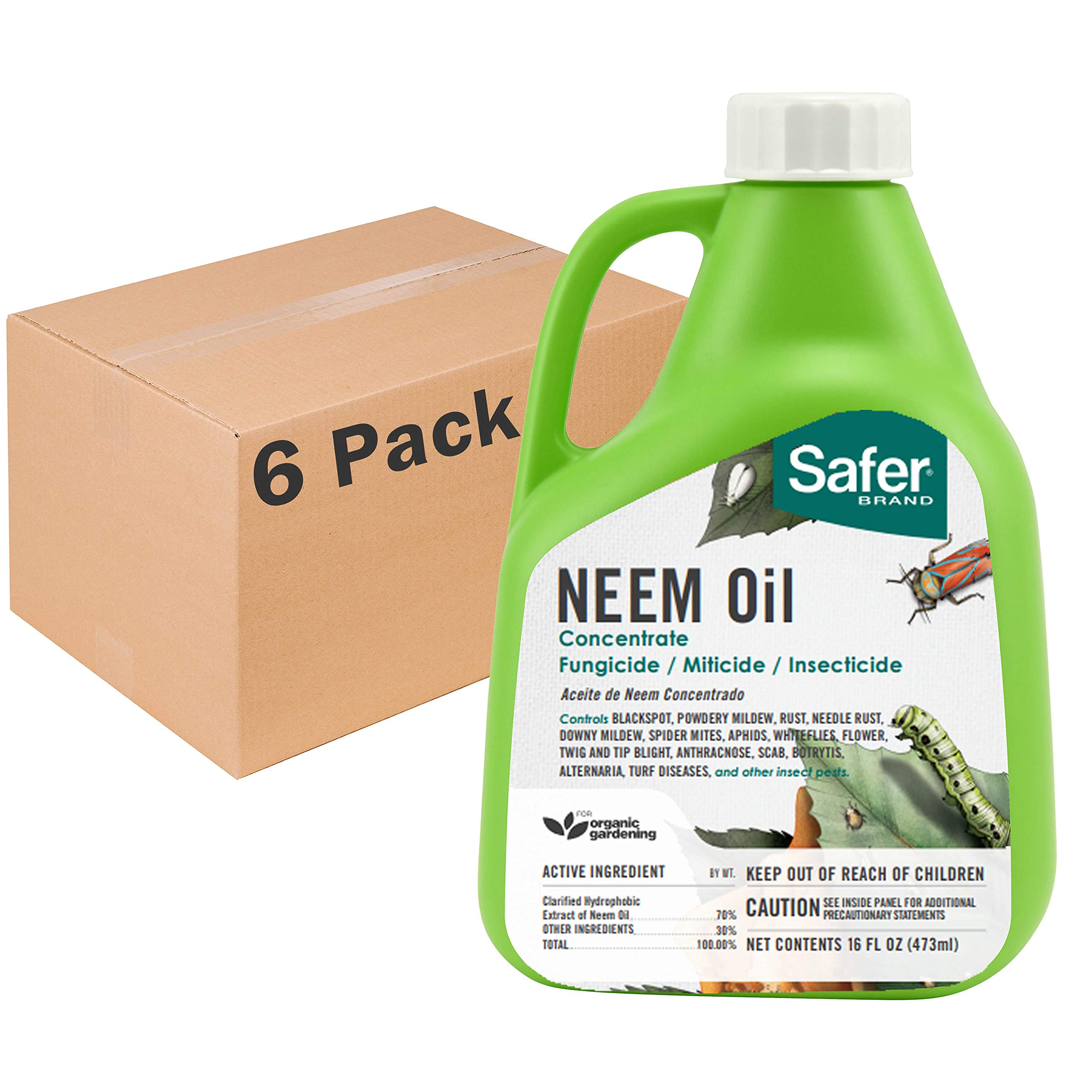 Safer Brand 5182-6 Neem Oil Concentrate - Organic Insecticide, Miticide & Fungicide for Plants | Kills Pests & Controls Diseases | OMRI Listed | 6 Pack | Indoor & Outdoor Garden Protection