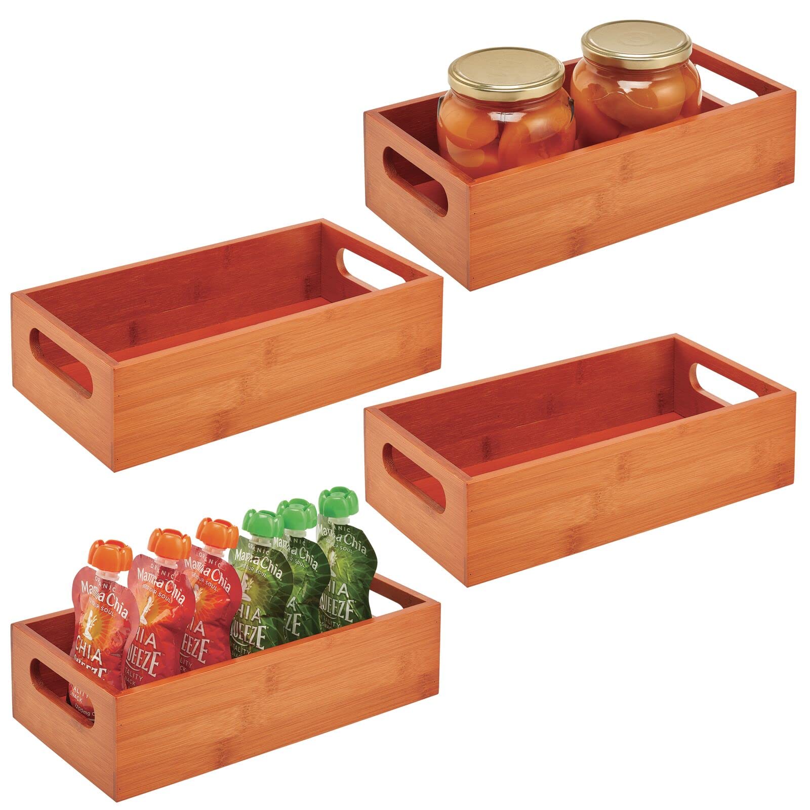mDesign Wood Bamboo Storage Bin Container with Handles - 4 Pack Cherry Drawer Organizer Crate Boxes for Kitchen Pantry Cabinet, Shelves, Counter - Perfect for Organizing Snacks, Spices, Drinks | Echo Collection | Ideal for Home, Office, and Restaurant Storage Solutions