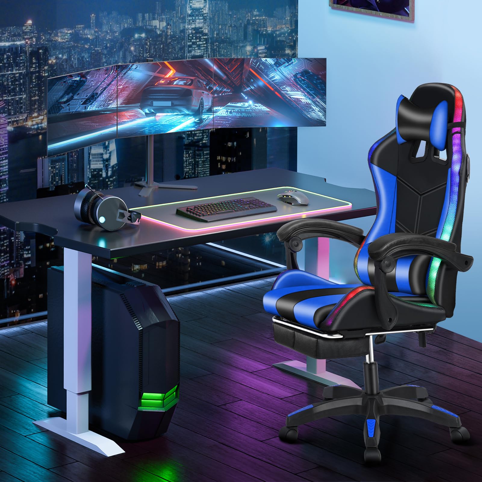 Bluetooth Gaming Chair with Built-in Speakers, RGB LED Lights & Adjustable Footrest - Ergonomic Massage Office Computer Chair with Lumbar Support for Adults (Black Blue) - Perfect for Esports, Streaming & Home Office Setup
