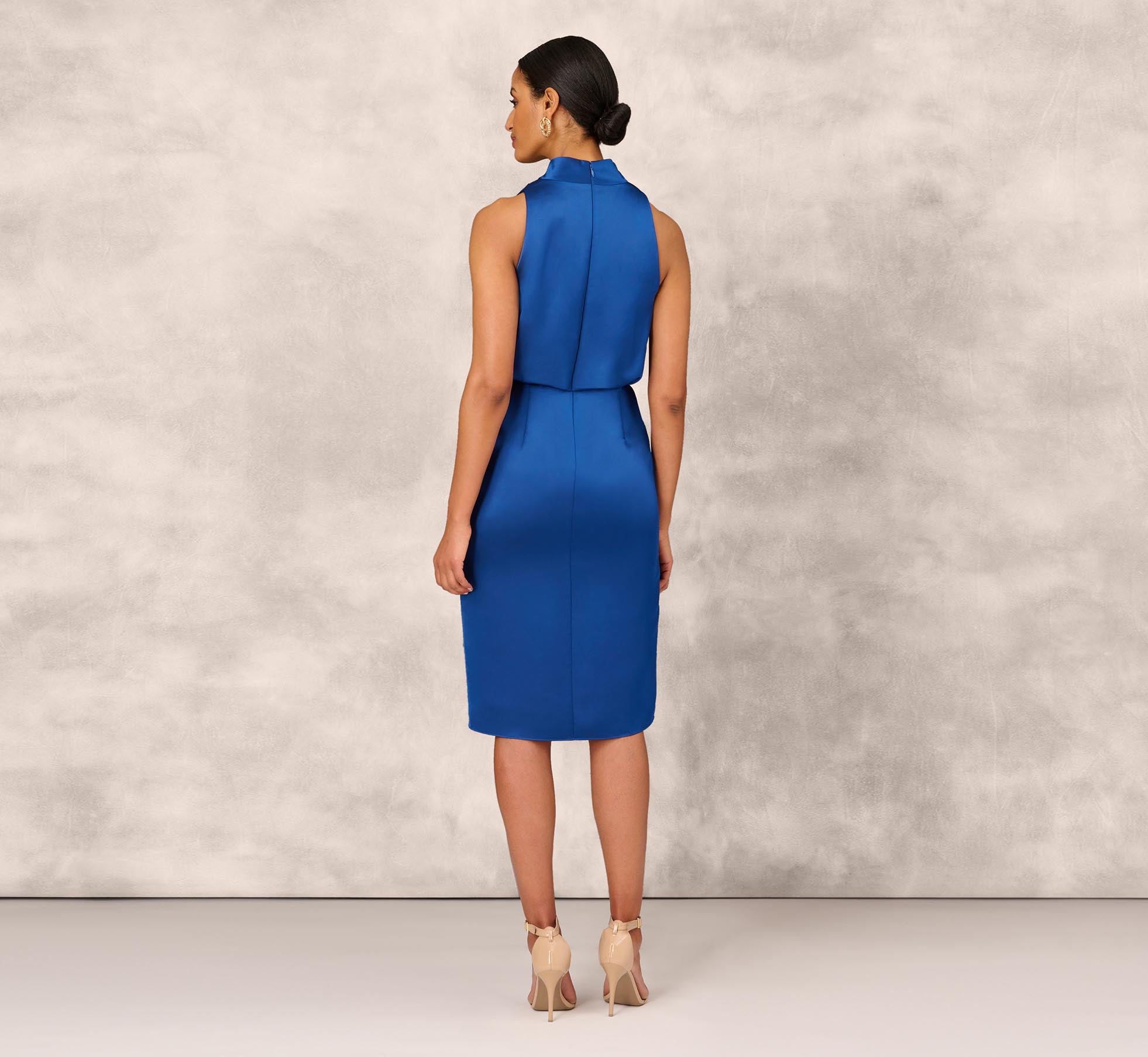 Elegant Cowl Neck Cocktail Dress with Front Draped Skirt in Deep Ocean Blue - Perfect for Evening Parties, Weddings & Special Occasions