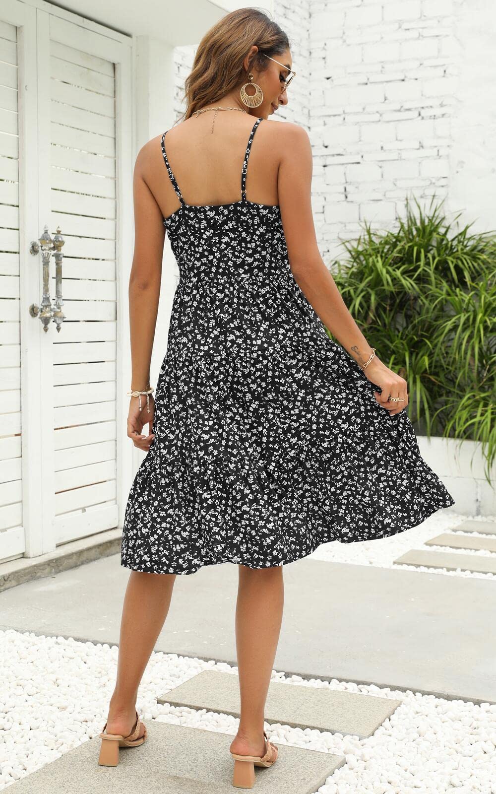 Berydress Women's Summer Spaghetti Strap Tiered Midi Dress - Cotton Ruffle Casual Sundress for Wedding Guest, Beach Vacation & Outdoor Parties (Black)