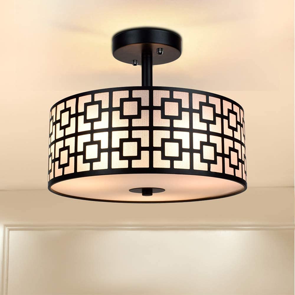 Depuley 12.6 Inch Modern Semi Flush Mount Ceiling Light Fixture - 3-Light Drum Chandelier for Bedroom, Dining Room, Kitchen, Hallway, Entryway, Foyer & Living Room - Black/Silver Finish - Perfect for Ambient Lighting and Home Decor