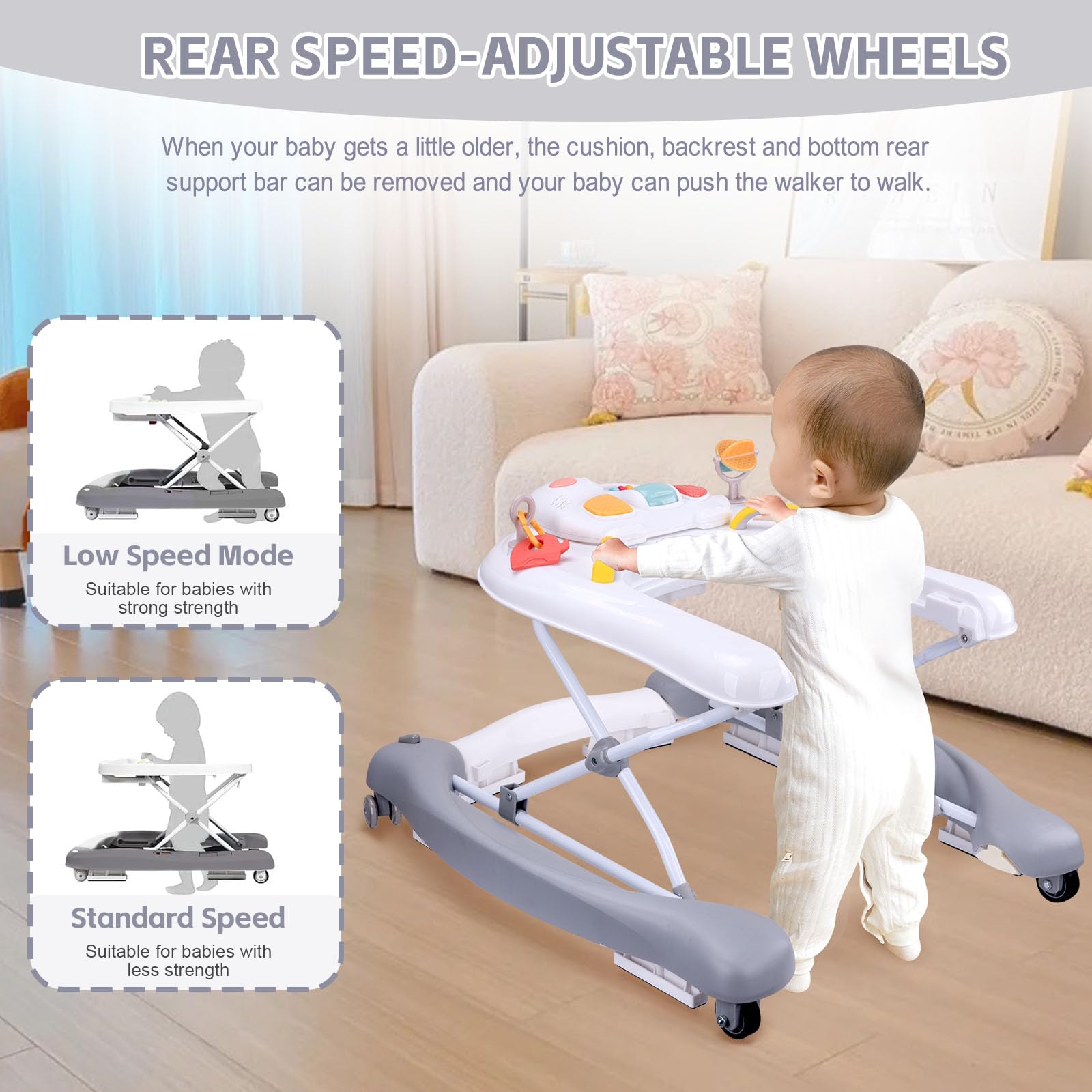 5-in-1 Foldable Baby Walker with Detachable Trampoline Mat - Adjustable Speed Wheels & Height for 6-18 Months (Grey) | Baby Bouncer, Rocker, Activity Center & Push Walker | Perfect for Playtime, Learning to Walk & Indoor Entertainment