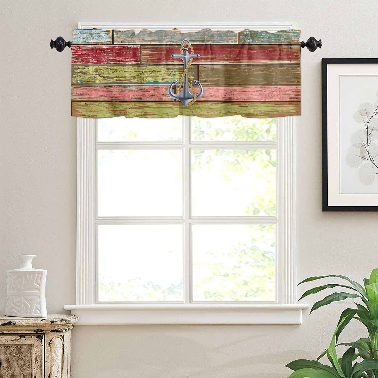 Nautical Anchor Window Valance - Rod Pocket Panel for Kitchen, Bedroom & Bathroom - Farmhouse Style Drapes