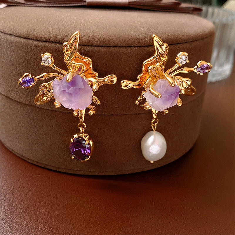 Elegant Asymmetric Freshwater Pearl Lilac Dangle Earrings for Women | HE13762 | Perfect for Weddings, Parties & Special Occasions