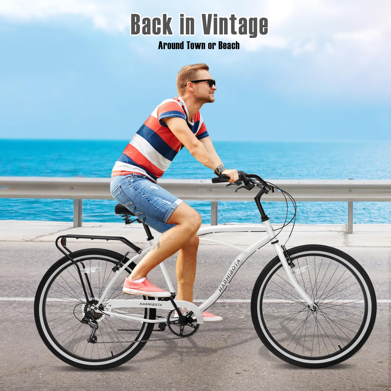 26 Inch 7-Speed Adult Beach Cruiser Bike for Men - Hybrid Bicycle with Stable Ride for Riders 5' to 7' - Perfect for Coastal Rides, City Commuting & Leisure Cycling (Black)