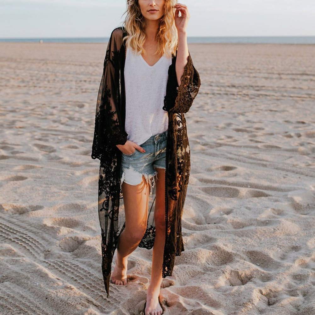 Women's Lace Floral Crochet Bohemian Kimono Cardigan Cover Up - Lightweight Beachwear for Summer, Seaside, Vacation & Music Festivals