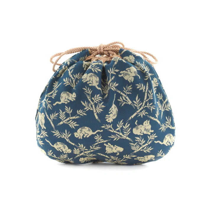 Nishijin Ori Small Drawstring Bag - Handmade Japanese Traditional Craft Purse with Bamboo Groves & Cats Design in Navy Blue | Made in Kyoto Japan | Perfect for Gift, Cosmetics & Jewelry Storage