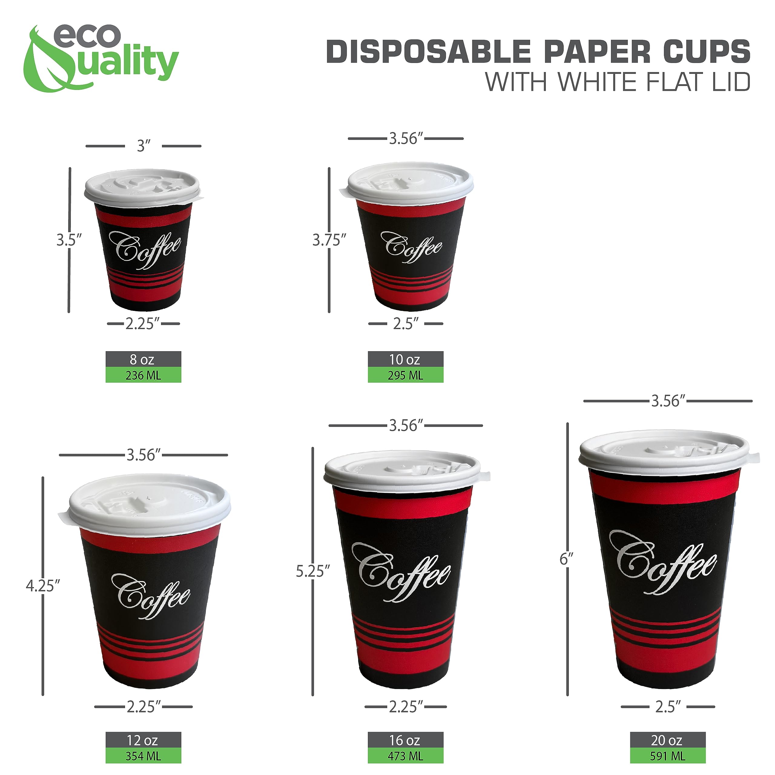 EcoQuality 12 Oz Disposable Paper Coffee Cups with White Lids - 1000 Count, Restaurant Grade Hot & Cold Drink Cups for Tea, Soda, Coffee Shops, Cafes, Concession Stands - Perfect for Takeout, Office Break Rooms, and Catering Events