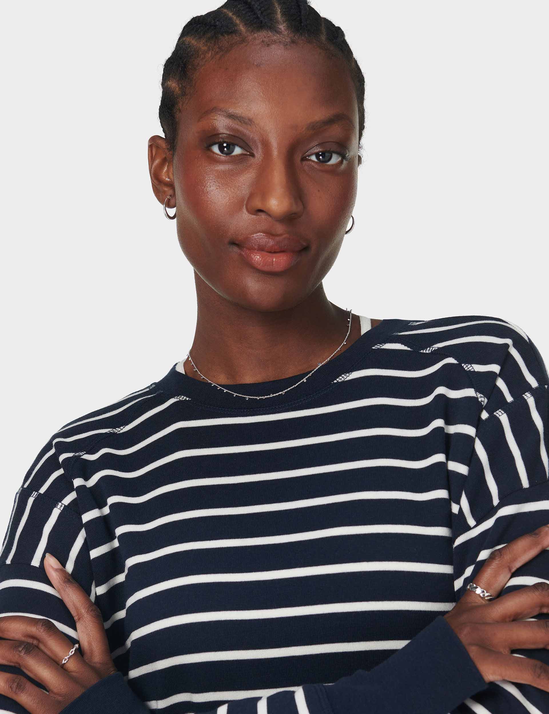After School Crop Sweatshirt for Women - Navy & White Striped Pullover - Casual Wear for College, Gym, and Street Style