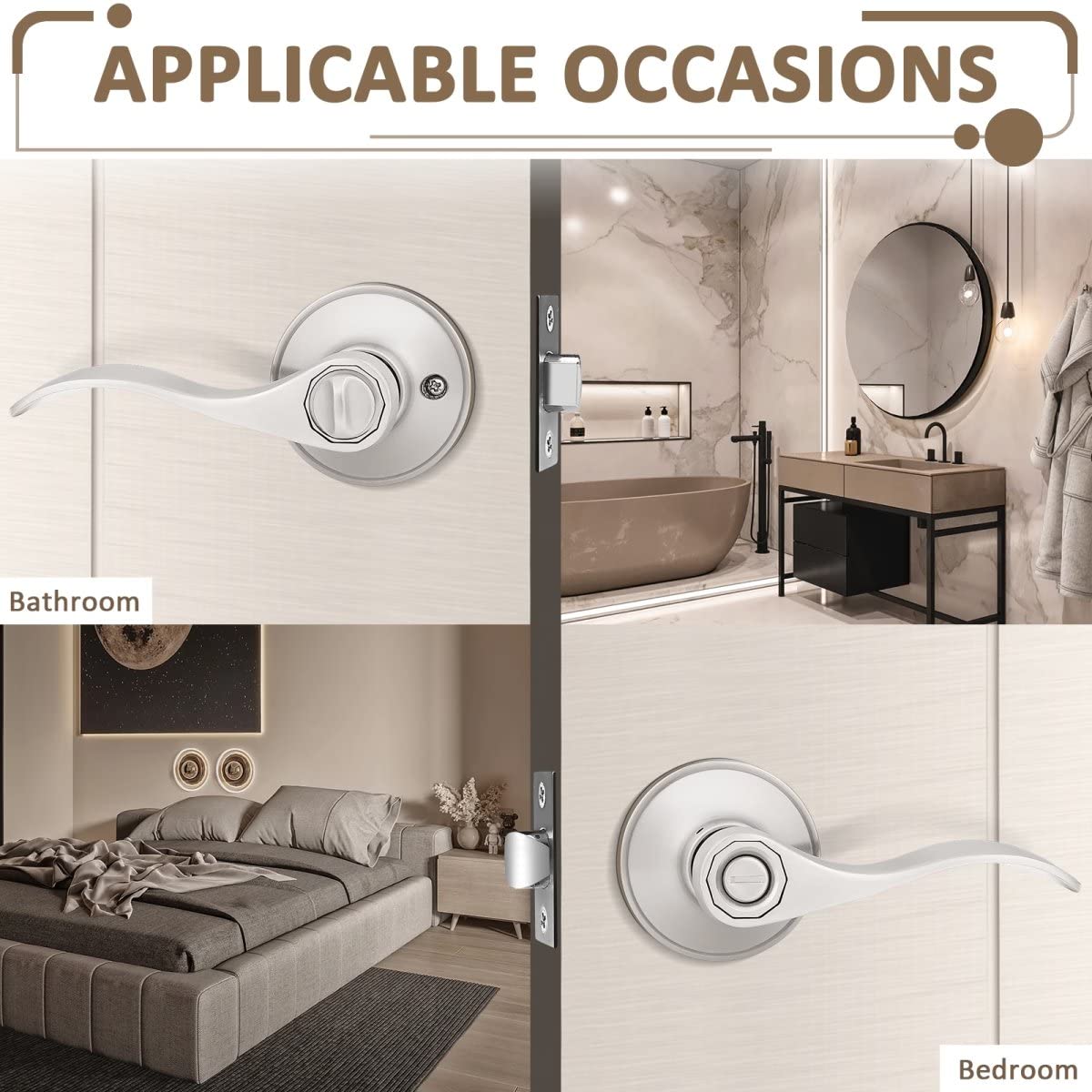 Probrico 6-Pack Privacy Door Lever with Thumb Turn Lock - Keyless Satin Nickel Finish Wave Door Handle Set for Bedroom & Bathroom Doors (Reversible Right/Left Handed) - Perfect for Home, Office, and Rental Property Security
