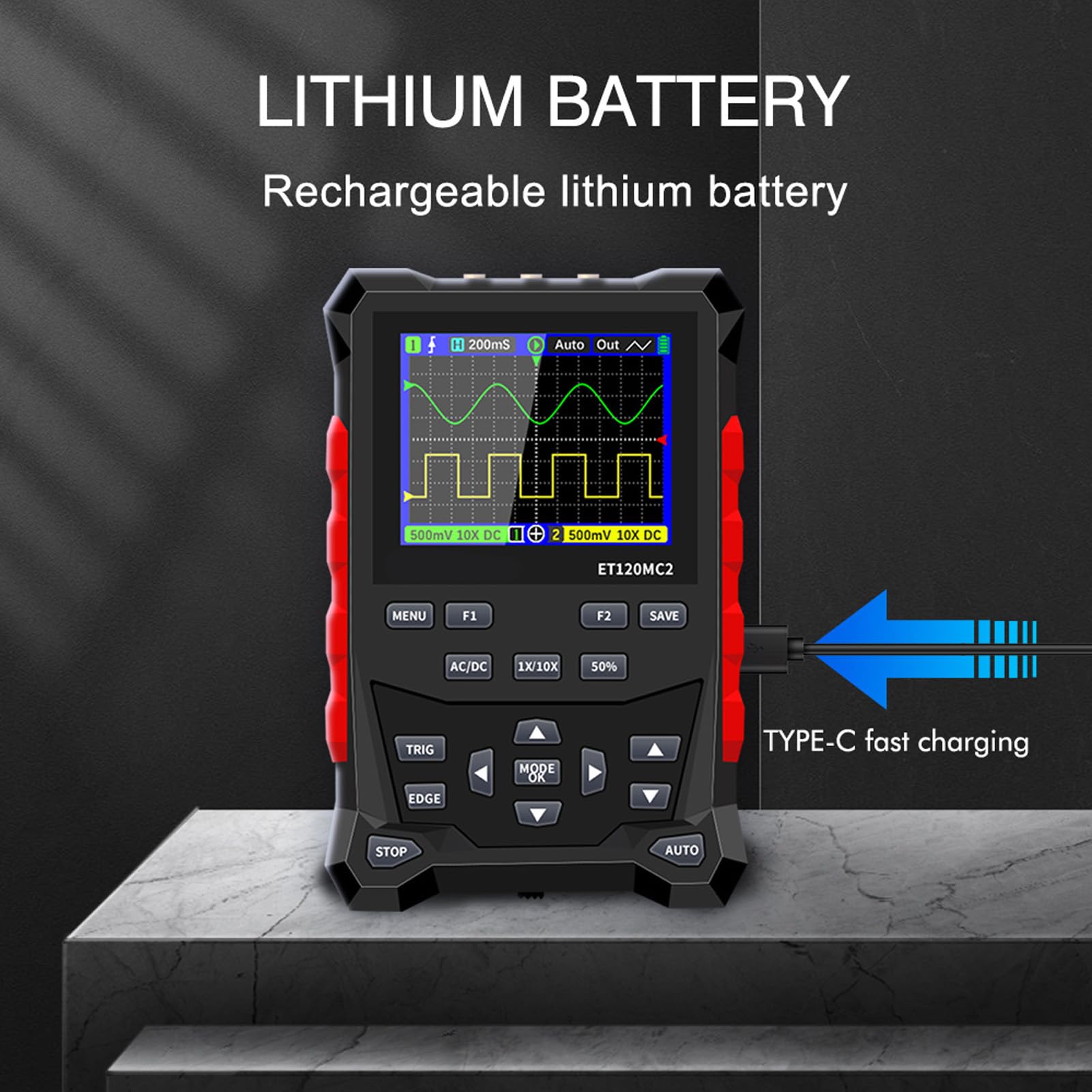 ET120MC2 Digital Oscilloscope - Portable Handheld Tablet Oscilloscope with 2 Channels & LCD Display, Standard Decoder - Ideal for Electronics Repair, DIY Projects, and Engineering Education