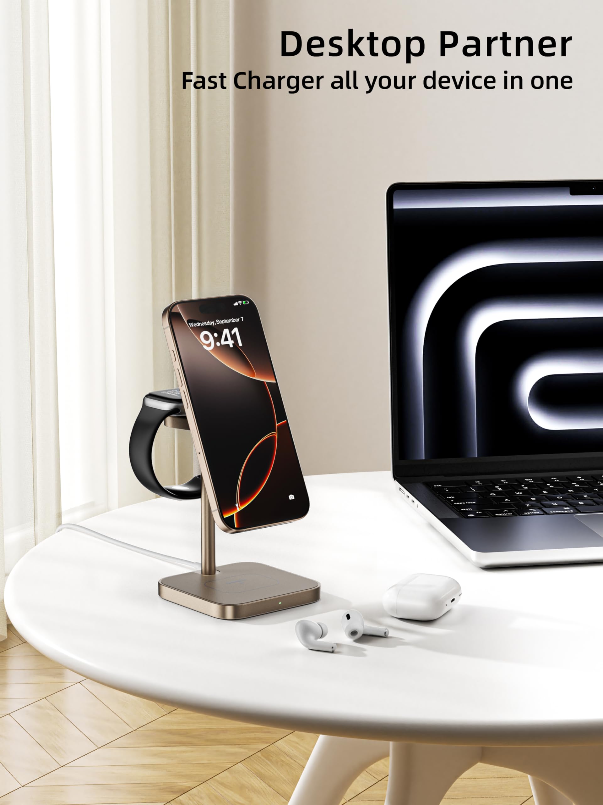 LULULOOK Qi2 Certified 3-in-1 Wireless Charging Station | 15W Fast MagSafe Charger for iPhone 15/14/13 | Compatible with Apple Watch & AirPods | Aluminum Stand with 30W USB-C Adapter (Desert Gold) | Perfect for Home, Office & Nightstand Charging