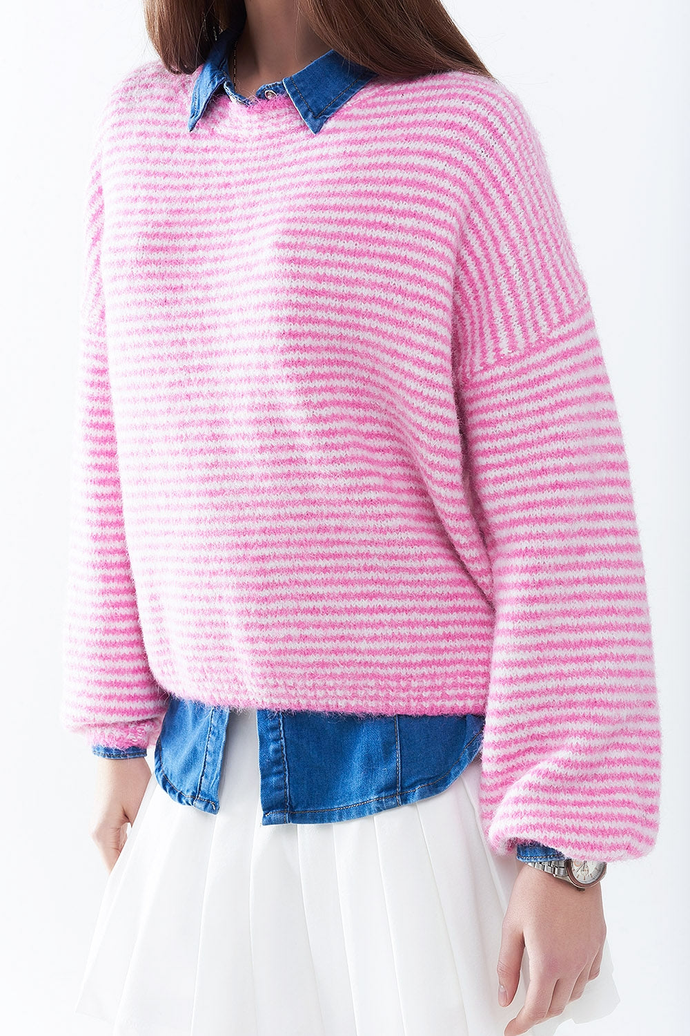 Women's Striped Pink Pullover Sweater - Soft & Cozy Knit Top for Casual Wear, Office & Fall Outfits