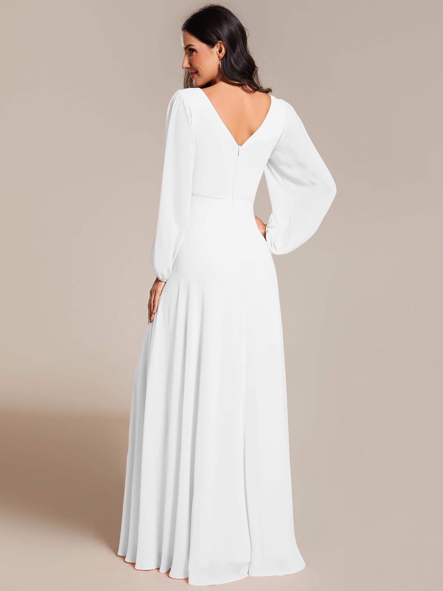 Ever-Pretty Women's Formal Long Sleeve V-Neck Beaded Empire Waist A-Line Floor Length Dress for Wedding Guest, Evening Gala & Special Occasions - Style 01981