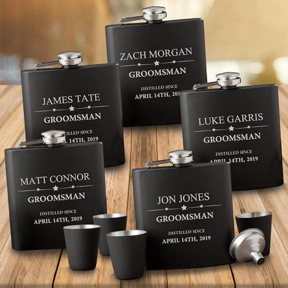 5-Piece Groomsmen Proposal Gift Set - Personalized Engraved Flask & Shot Glasses Wedding Party Gifts - Black Matte Finish - Perfect for Bachelor Parties & Wedding Celebrations