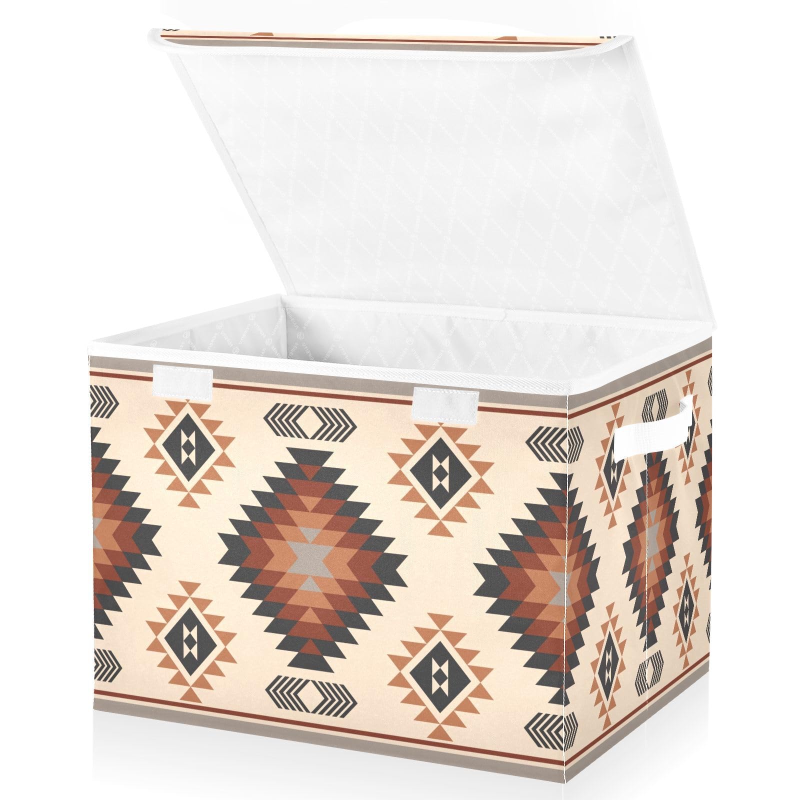 Aztec Style Foldable Fabric Storage Bins with Lids - Brown Ethnic Collapsible Organizer Baskets for Home, Bedroom, Closet & Office Organization | Perfect for Clutter Control & Space Saving Storage
