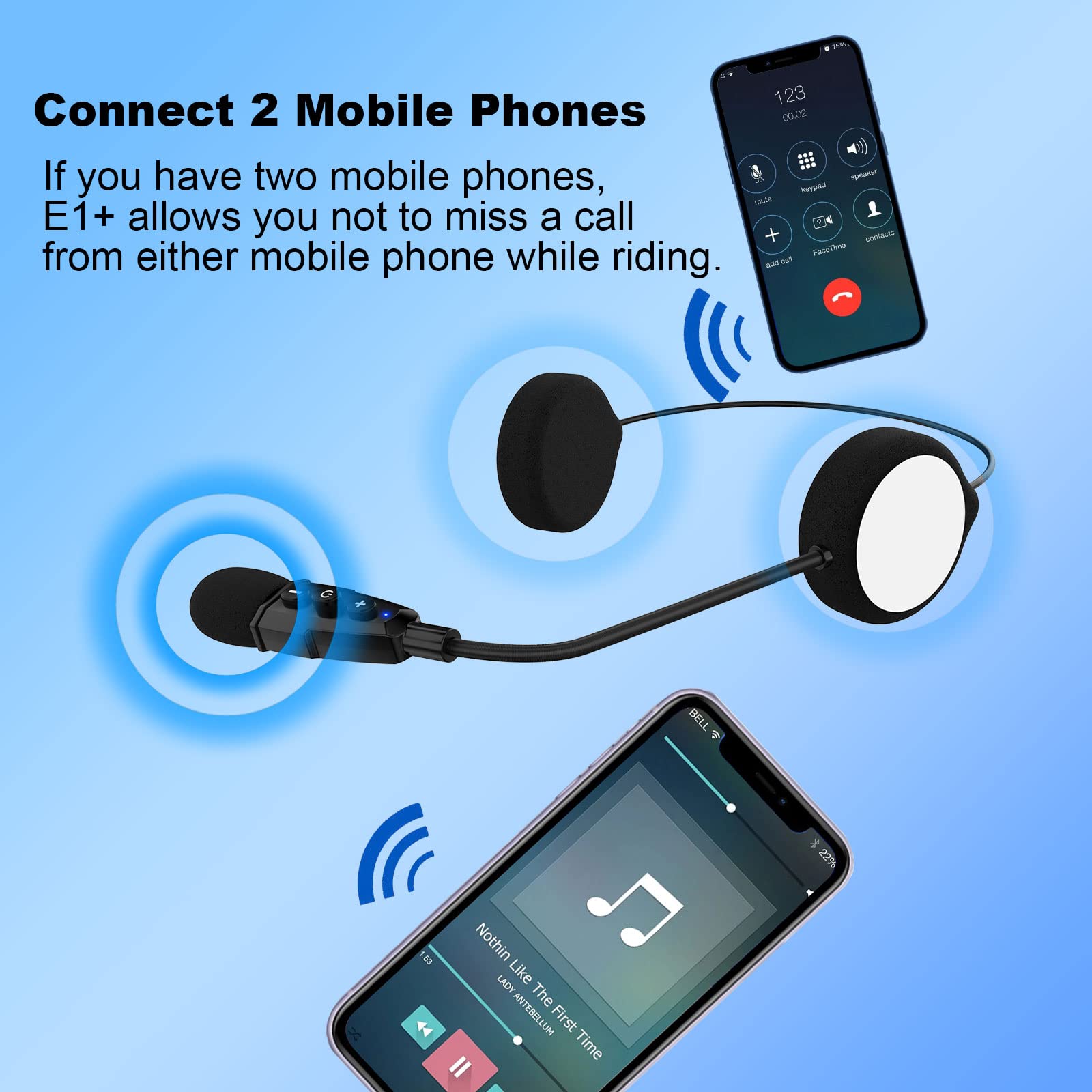 EJEAS E1+ Motorcycle Bluetooth Headset with Helmet Speakers - Bluetooth 5.1 Wireless Intercom, Auto Answer Call & Noise Cancellation, Dual Phone Connectivity - Perfect for Riding, Commuting & Group Tours