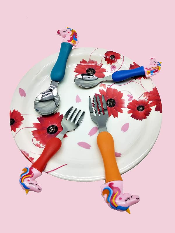 YBN Unicorn Baby Spoon and Fork Set - 304 Stainless Steel Toddler Utensils with Ergonomic Handle for Boys & Girls | Perfect for First Foods, Daycare, and Travel