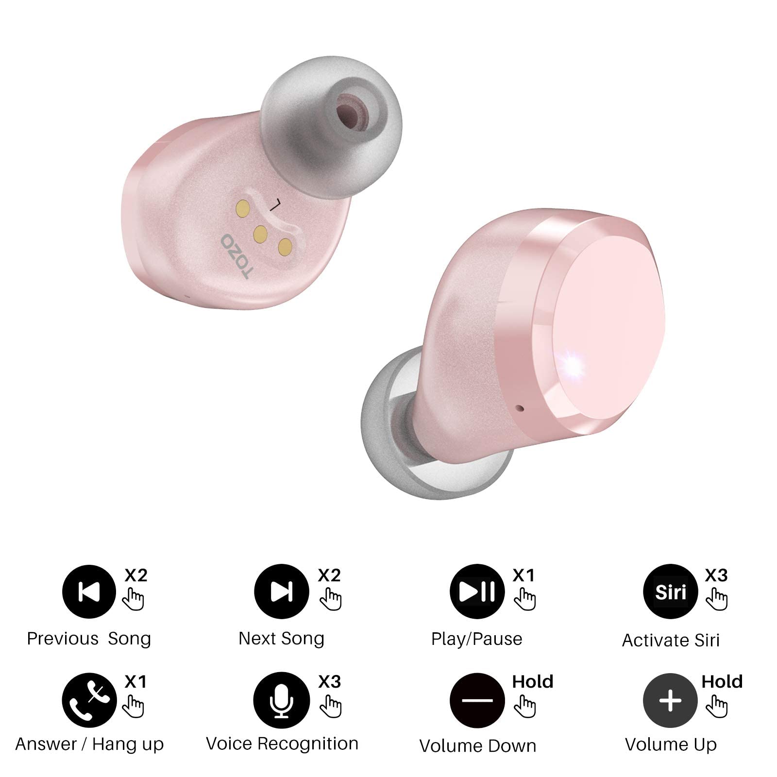 TOZO T12 Wireless Earbuds Bluetooth 5.3 Headphones with Premium Sound, Wireless Charging Case, IPX8 Waterproof, Built-in Mic - Rose Gold (Renewed) for Gym, Running, Travel & Work Calls