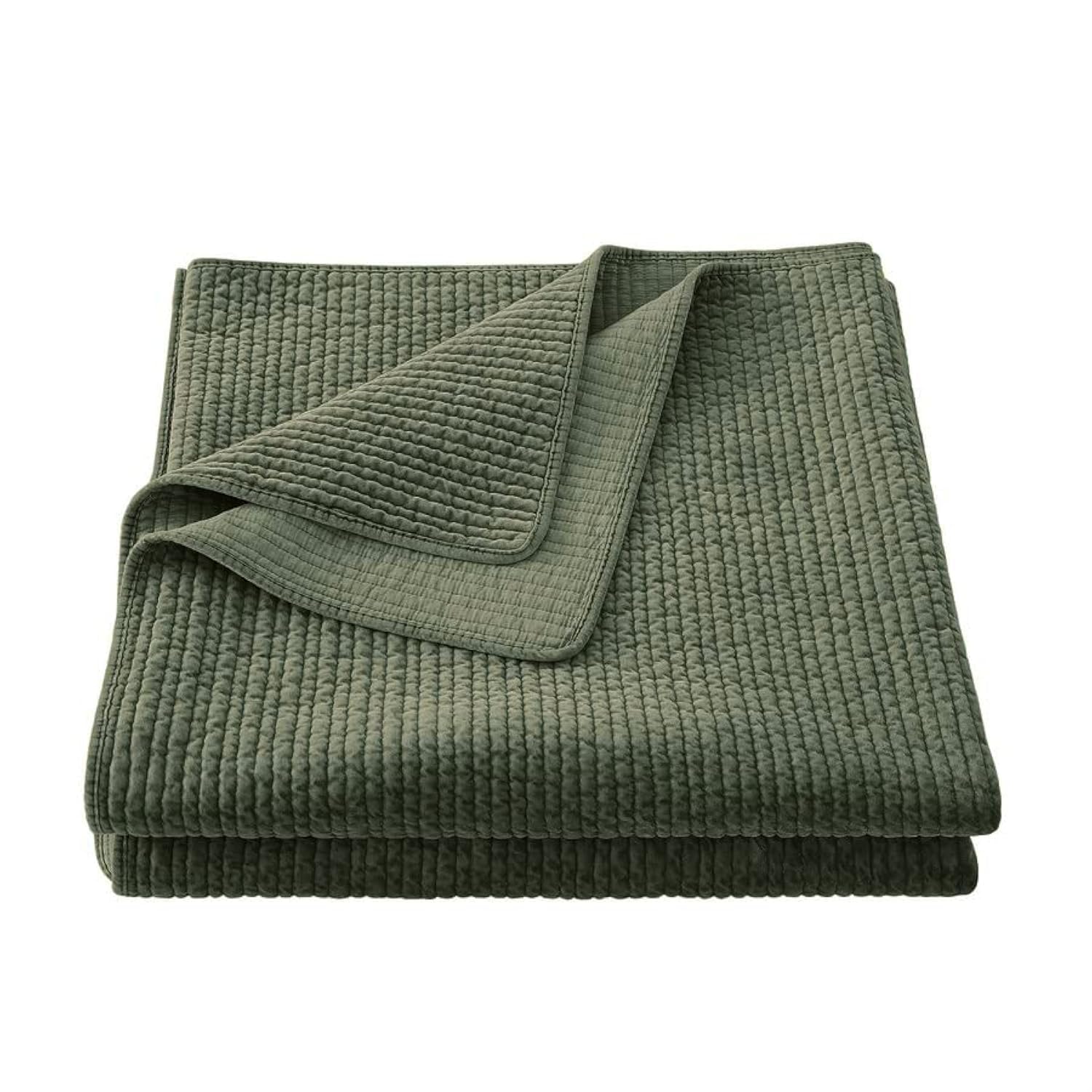 Premium Stonewashed Cotton Velvet Quilt - Queen Size Fern Green Solid Color Bedding Set | Classic Traditional Rustic Luxury Quilted Cover | Soft Lightweight Comforter for Cozy Bedroom Decor & Guest Room Styling