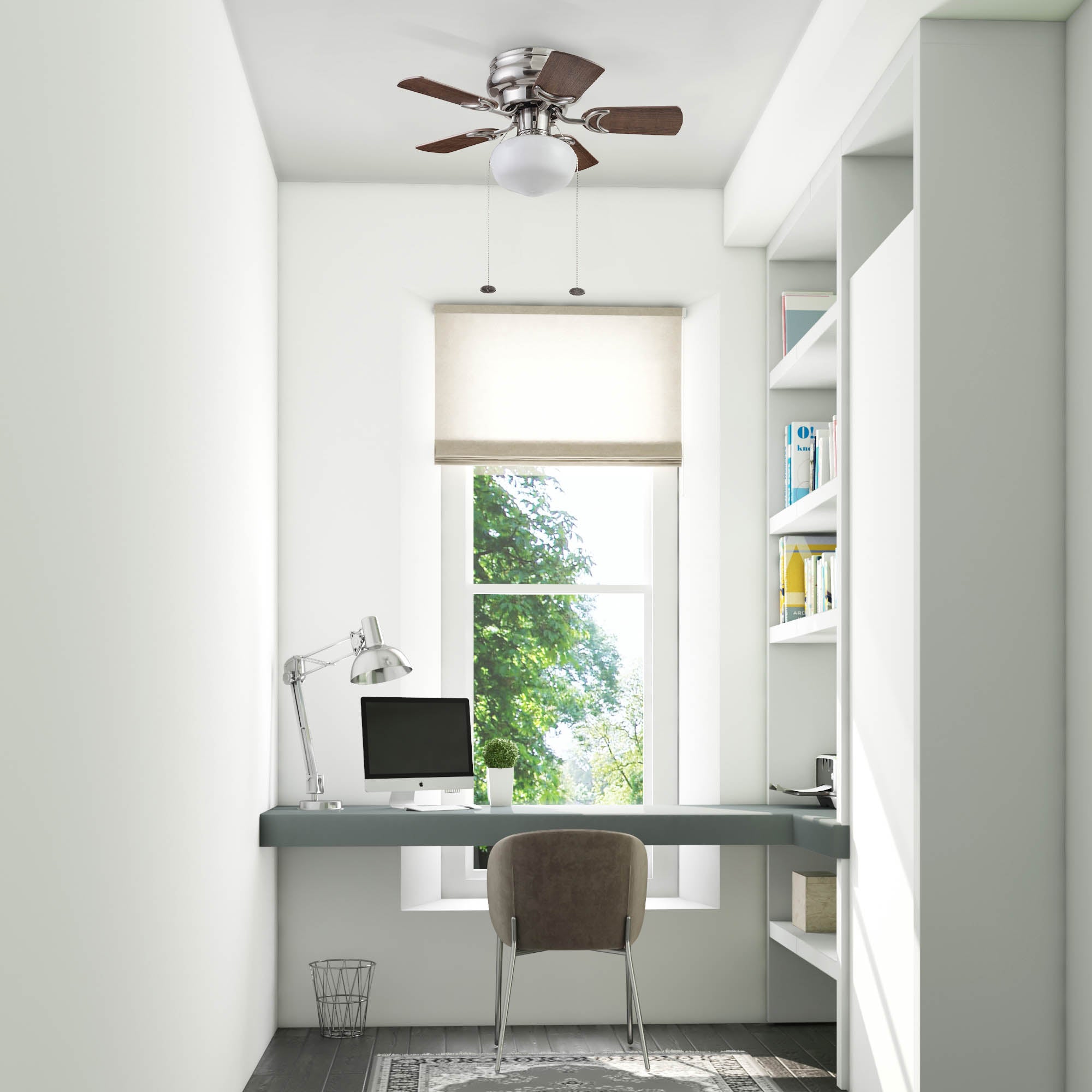 28 Inch Brushed Nickel Ceiling Fan with Pull Chain - Modern Indoor Cooling Fan for Living Room, Bedroom, and Office