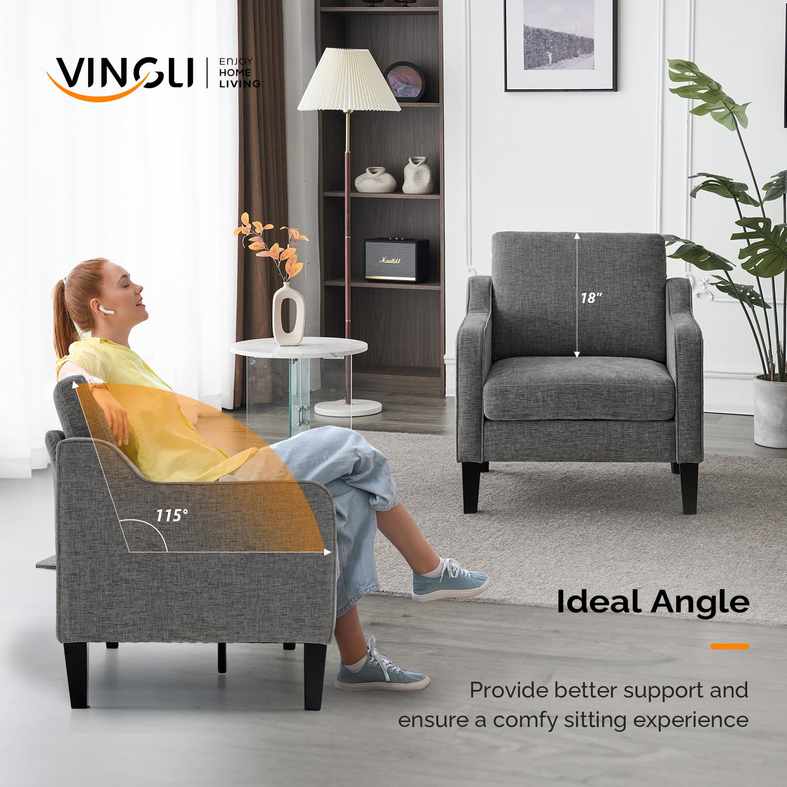 VINGLI Mid Century Modern Accent Chair - Soft Chenille Upholstered Armchair for Living Room, Bedroom, Office - Comfortable Reading Chair & Side Chair in Light Grey (Perfect for Relaxing, Lounging & Home Decor)