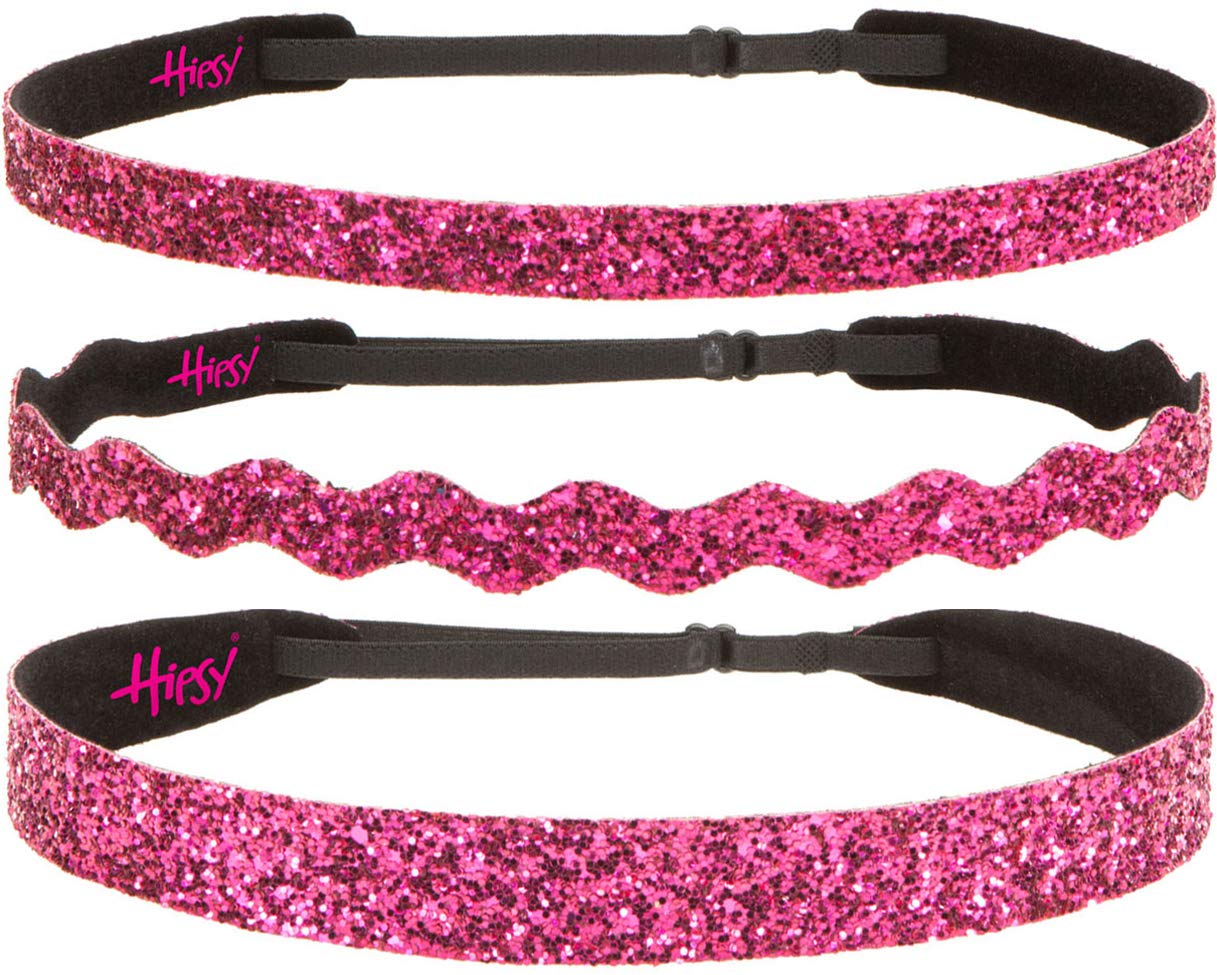 Sparkly Bling Adjustable No-Slip Headbands for Women, Girls & Teens - Petite Size, Mixed 3 Pack (Hot Pink Glitter) - Perfect for Sports, Workouts, School & Everyday Fashion
