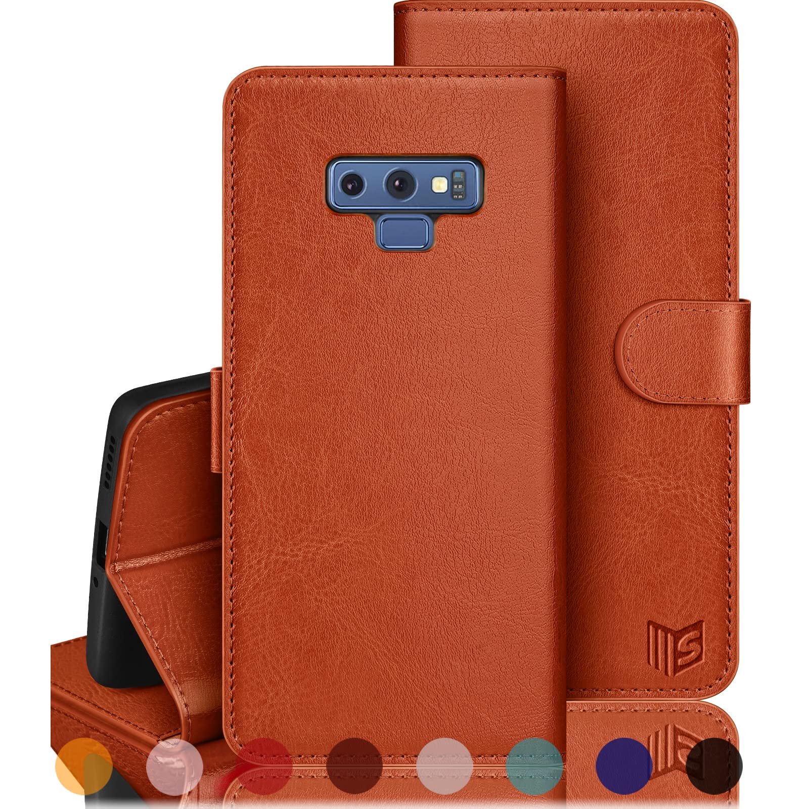RFID Blocking Leather Wallet Case for Samsung Galaxy Note 9 - Flip Folio Book Cover with Credit Card Holder | Stylish Phone Case for Men & Women (Orange) | Perfect for Business, Travel & Everyday Protection