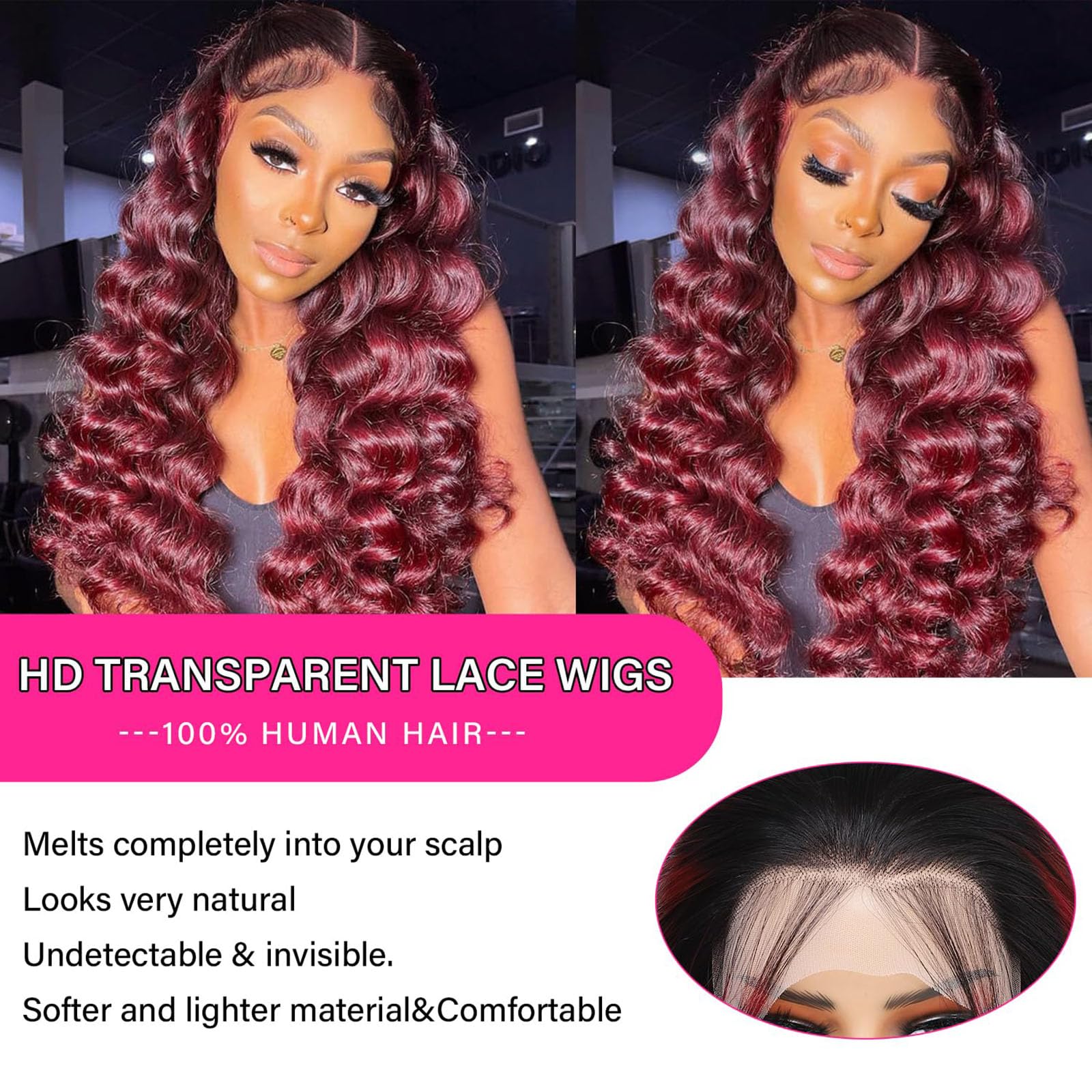 5x5 Ombre Burgundy 99J Deep Wave Lace Front Human Hair Wig - 200% Density HD Lace for Natural Look | Perfect for Cosplay, Daily Wear & Special Occasions