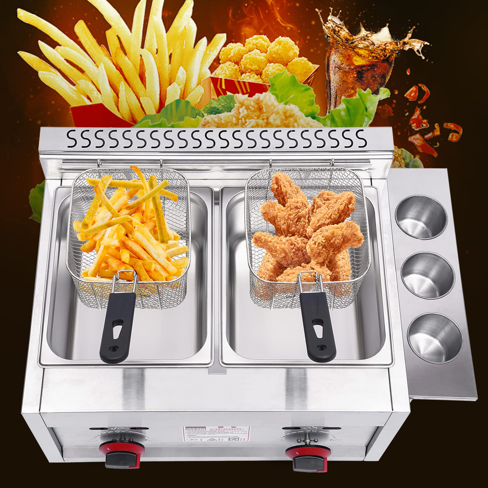 6L x 2 Commercial Stainless Steel Gas Deep Fryer with Dual Baskets - Professional Countertop Deep Fryer for Restaurants, Fast Food & Home Use - Perfect for Frying Chicken Wings, French Fries, Donuts & More (US Stock)