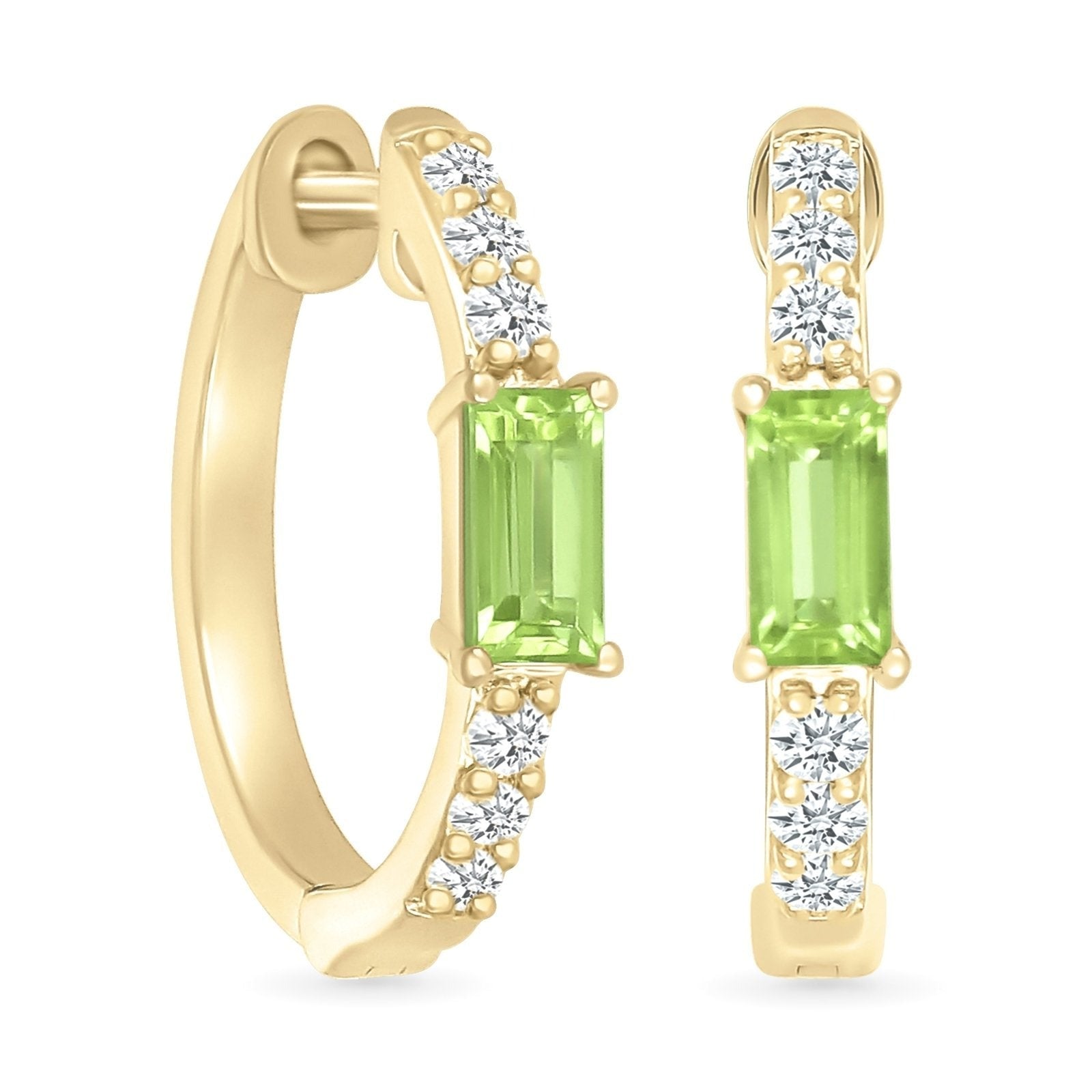 10k Yellow Gold Emerald Cut Peridot and White Sapphire Hoop Earrings for Women - Elegant Dangle Earrings for Wedding, Party & Everyday Wear
