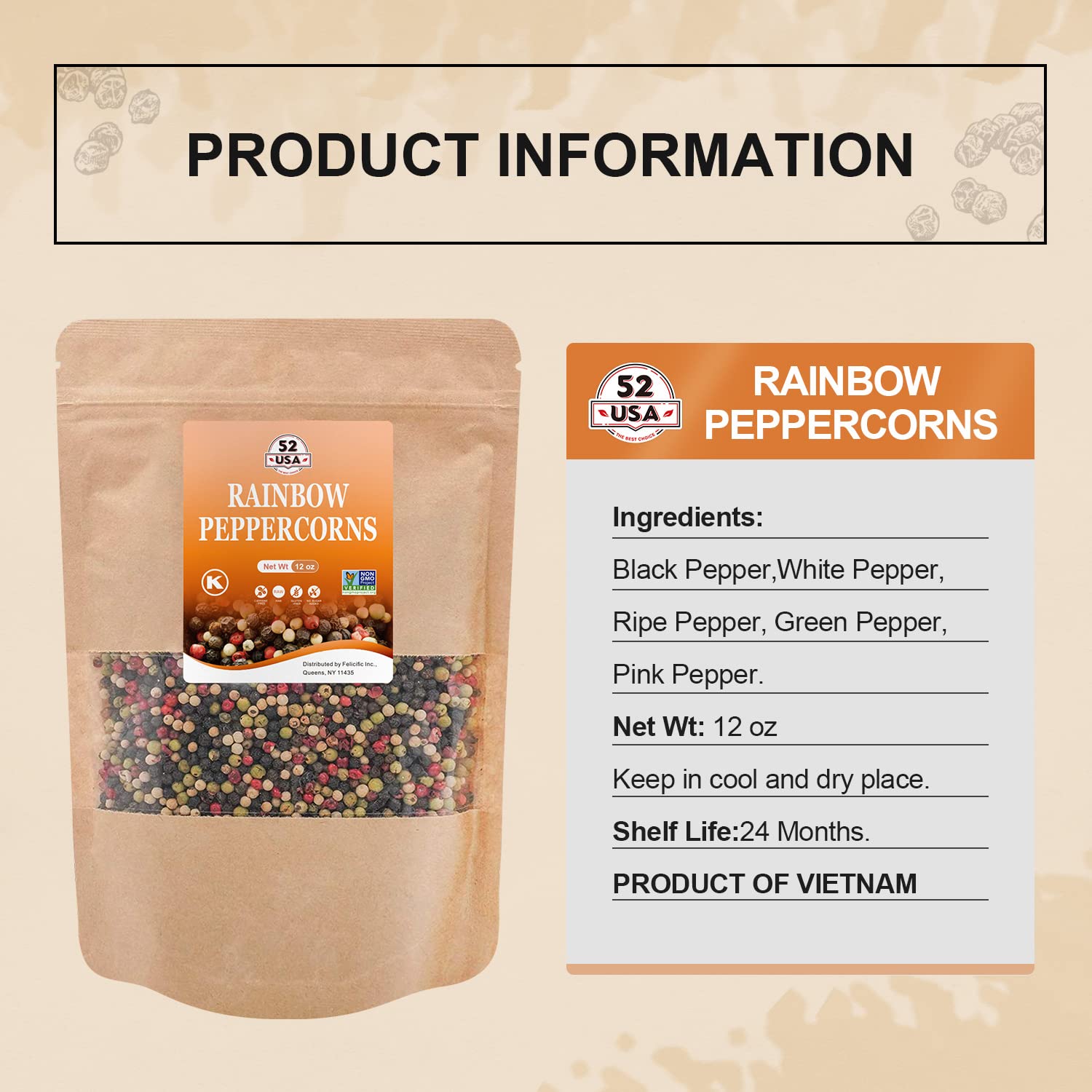 52USA Rainbow Peppercorns Blend - 12oz Whole White, Red & Black Peppercorns for Grinder Refill | Premium Mixed Peppercorn Seasoning for Steak, Salad & Gourmet Cooking
