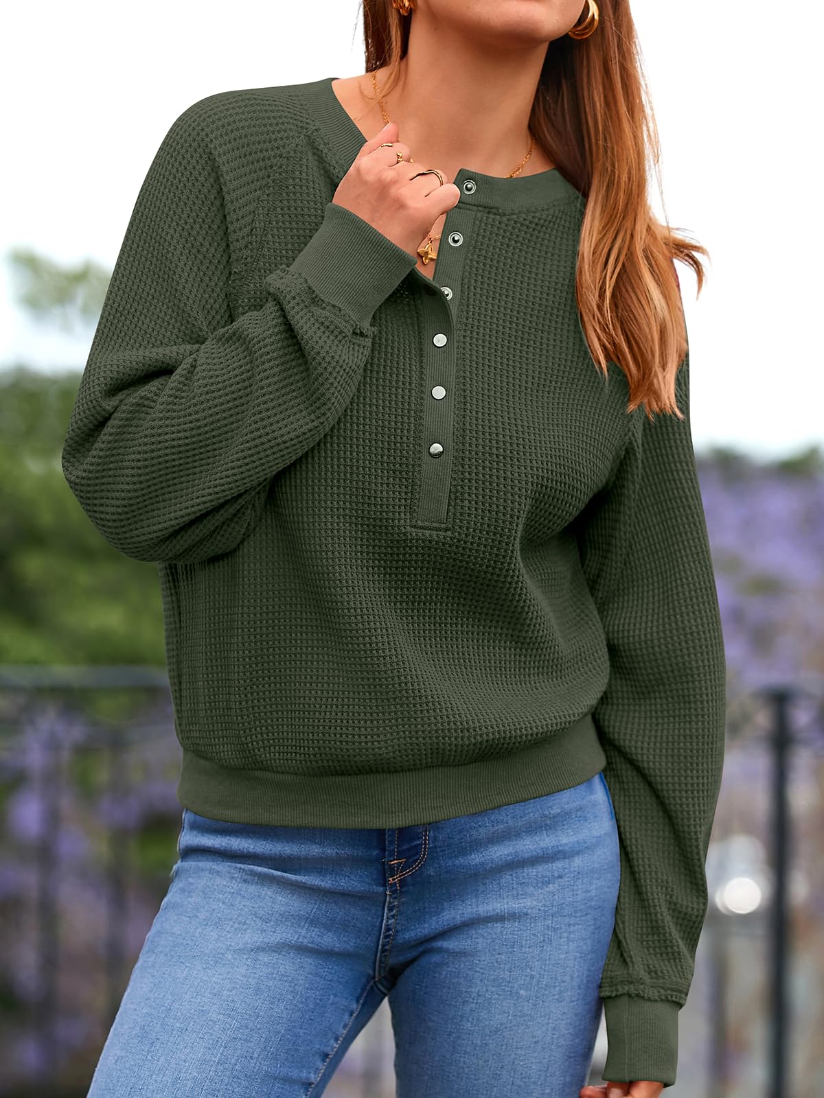 PRETTYGARDEN Women's Long Sleeve Waffle Knit Sweater - Soft Button Down Pullover V-Neck Loose Crop Top for Fall & Winter | Casual Outfits, Layering, Office Wear & Date Nights
