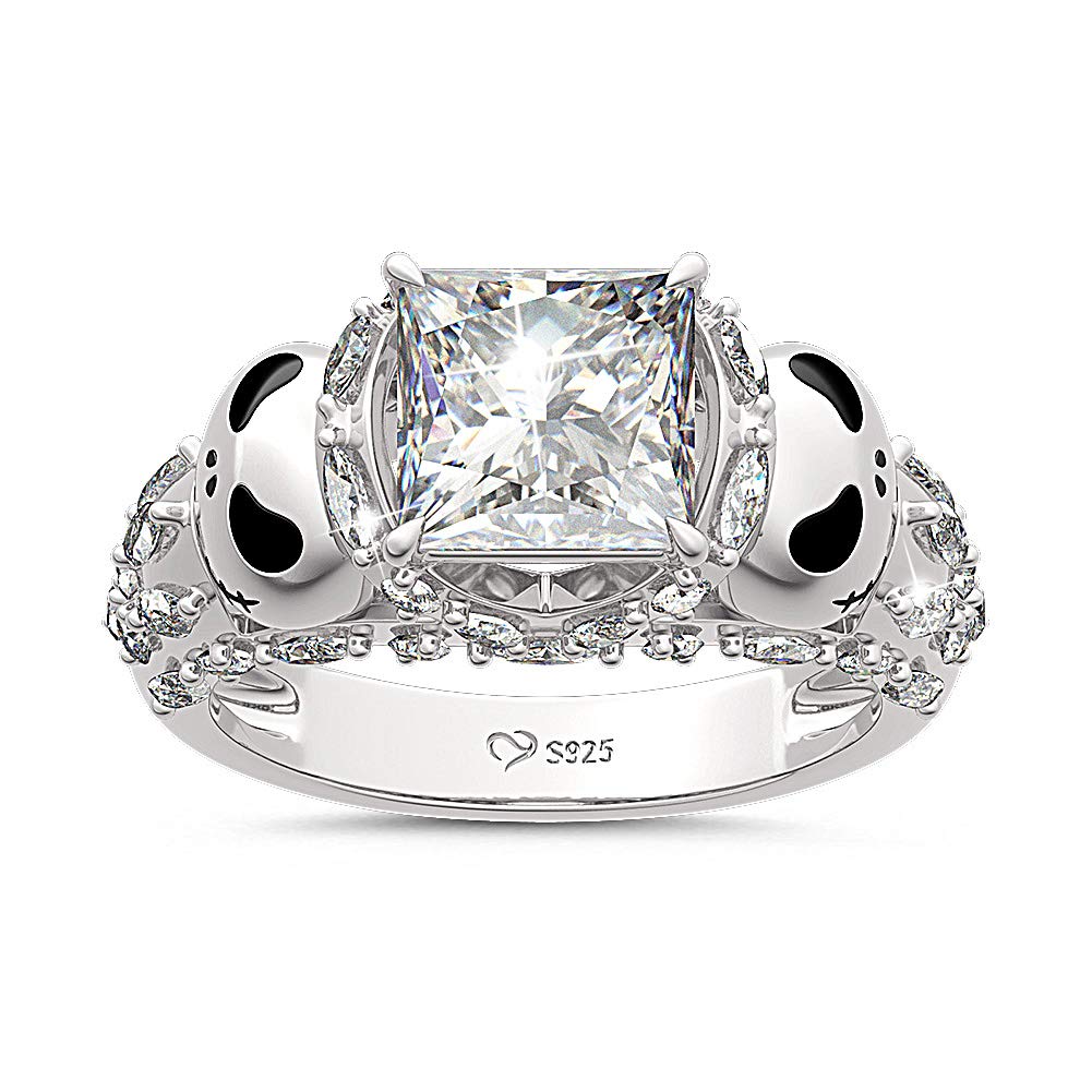 Jeulia 925 Sterling Silver Skull Ring for Women - Nightmare Before Christmas Inspired Princess Cut Band Ring, Anniversary Promise Gift, Romantic Christmas Present for Her - Perfect for Halloween, Gothic Fashion & Unique Jewelry Gifts