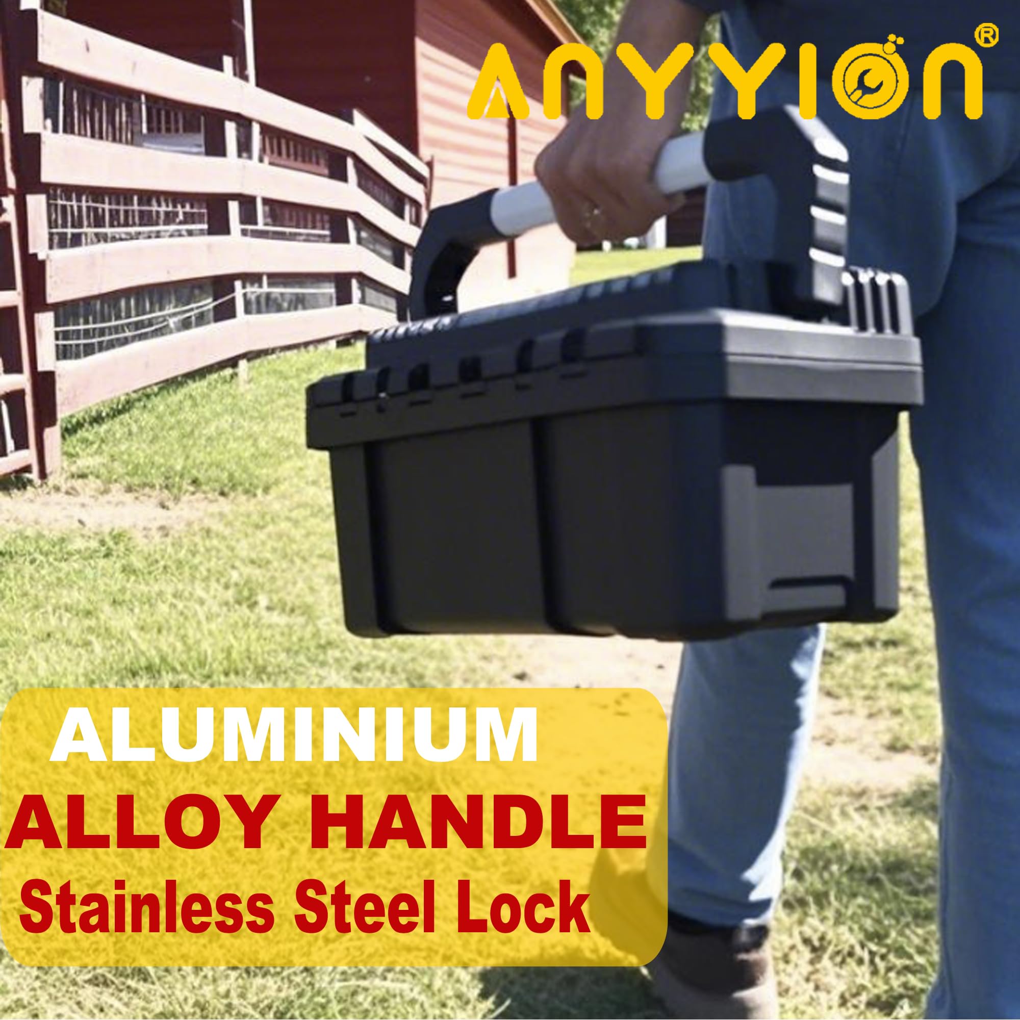 Anyyion 17-Inch Heavy Duty Tool Box with Removable Tray & Stainless Steel Dual Lock - Secure Small Parts Organizer with Rugged Metal Handle (17In) - Perfect for Workshop, Garage & DIY Projects