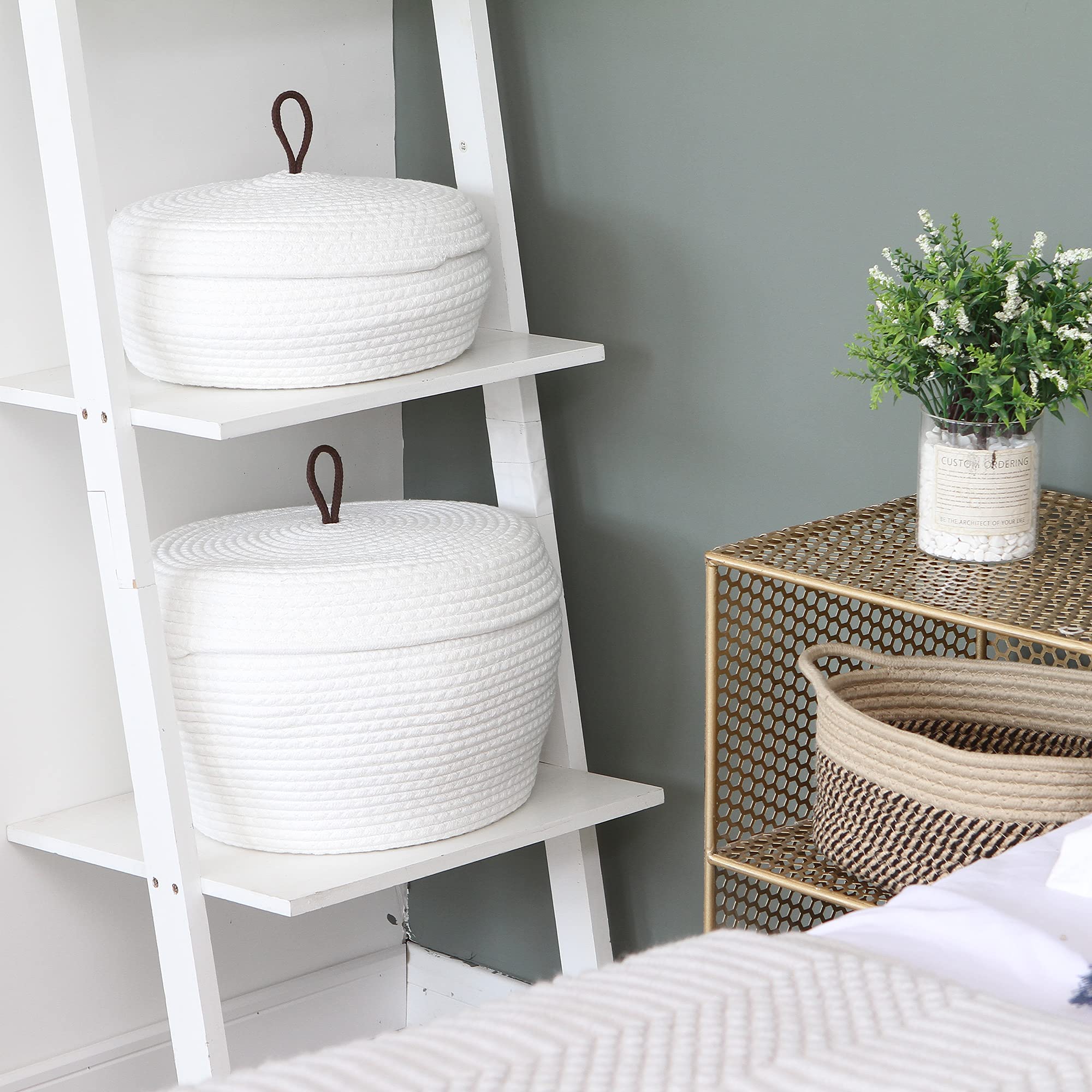 Sea Team Round Cotton Rope Storage Basket with Lid - Decorative Woven Organizer Bin for Home, Nursery & Office - Perfect for Snacks, Towels, Plants & Toys - 13 x 5.5 Inches (Large, Shallow, White) - Ideal for Living Room, Bedroom & Bathroom Storage
