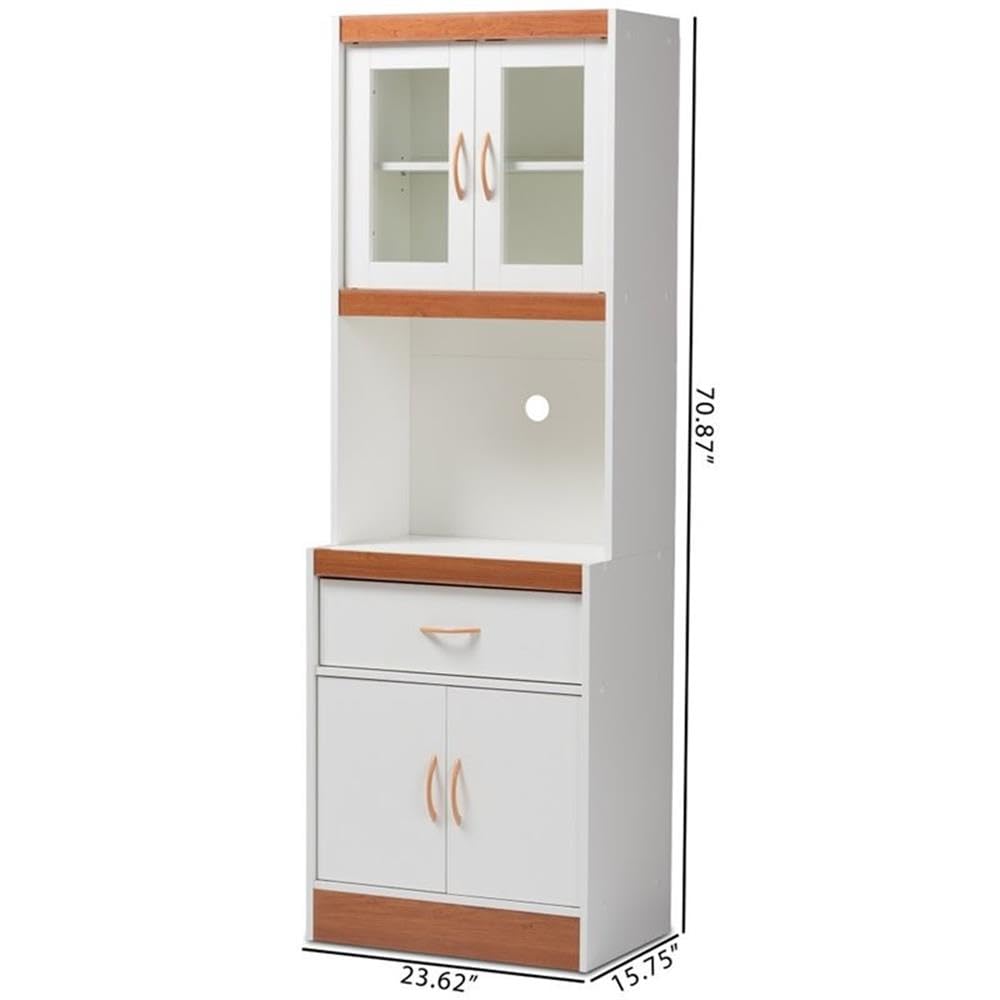 BOWERY HILL Modern White and Cherry Kitchen Pantry Cabinet with Hutch & Storage Drawer - Perfect for Small Space Organization, Farmhouse Decor, and Kitchen Storage Solutions
