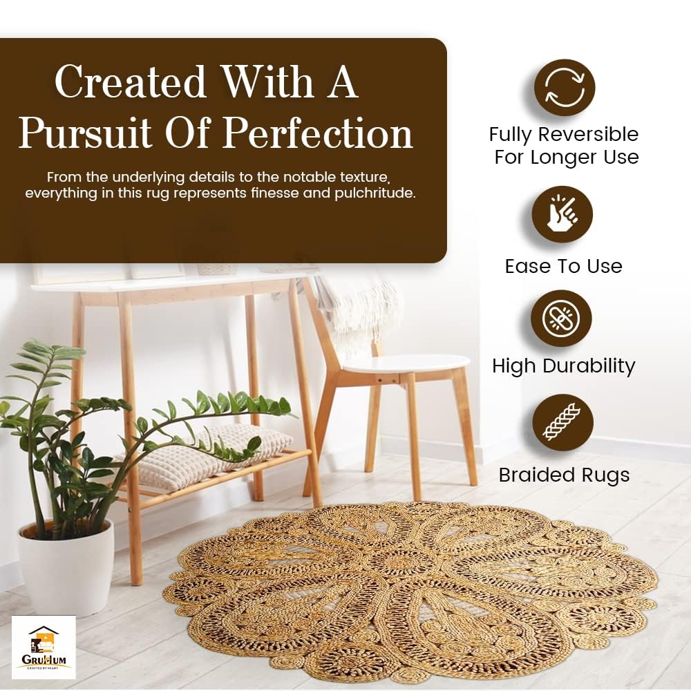 GRUHUM Handwoven Jute Area Rug - 6 Feet Round Natural Fiber Boho Braided Rug - Reversible Eco-Friendly Farmhouse Decor for Indoor/Outdoor Use - Perfect for Kitchen, Bedroom, Living Room & Hallways (6' Circle)